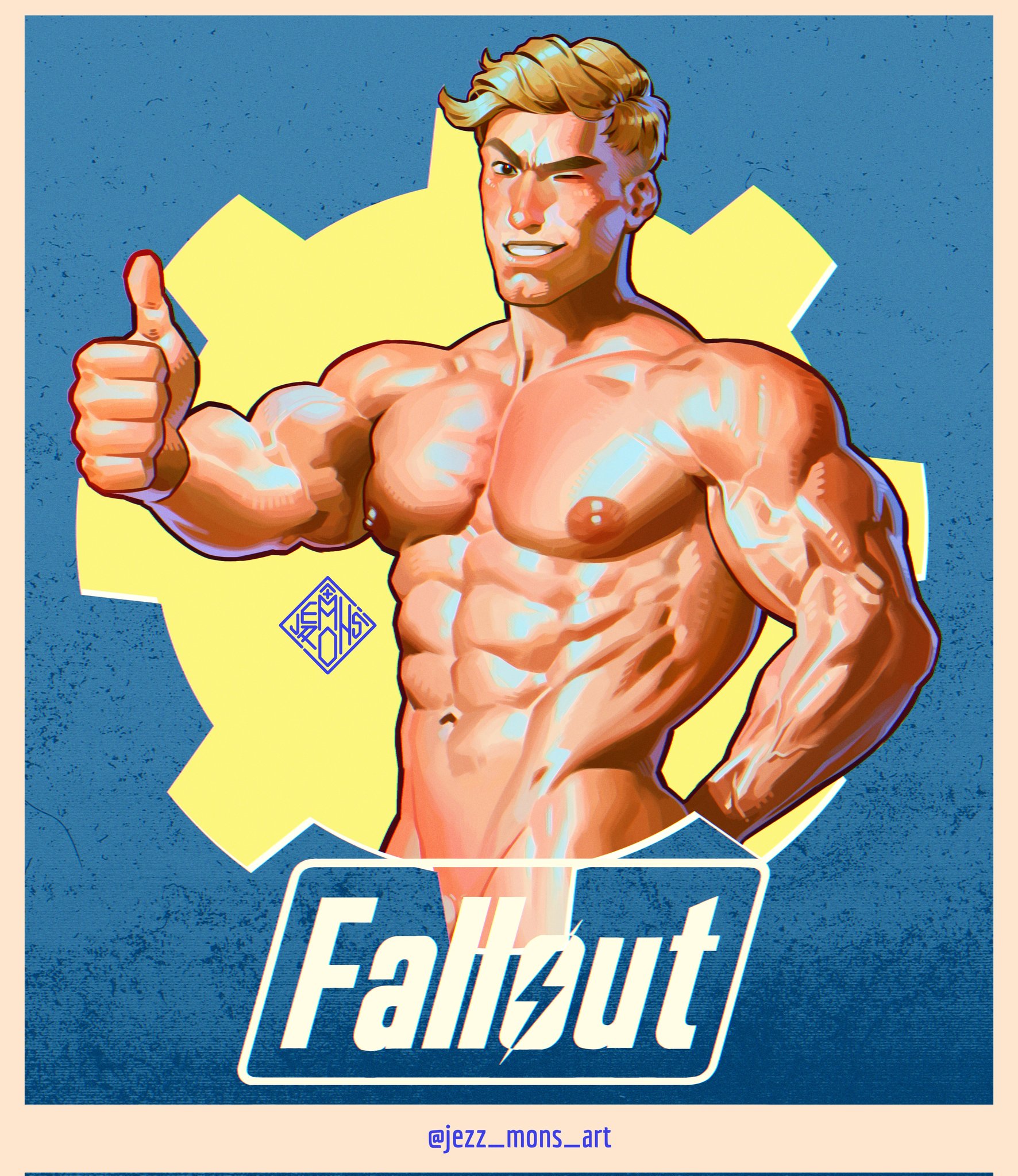 1boy, abs, artist name, bara, biceps, fallout, jezz mons nsfw, male, male focus, male only, muscular, muscular arms, muscular chest, muscular male, nipples, pecs, pectorals, solo, solo male, text, vault boy, yaoi
