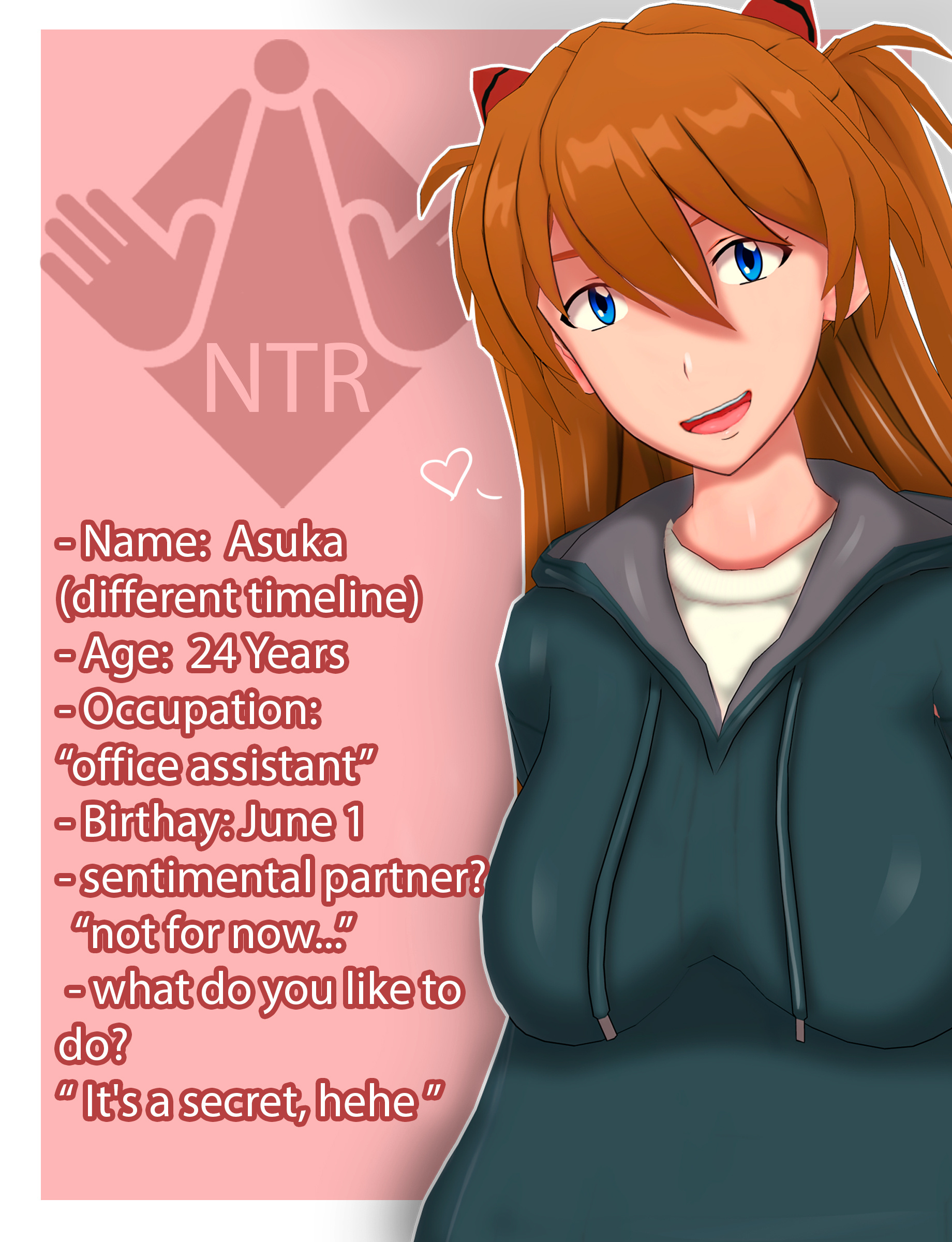 :d, 1girls, 3d, absurd res, absurdres, asuka langley sohryu, blue eyes, breasts, brown hair, character sheet, clothing, dialogue, english text, female, green jacket, hair ornament, heart, hi res, high resolution, highres, jacket, large breasts, looking at viewer, neon genesis evangelion, ntr, open mouth, open smile, smile, text, vyrus smith