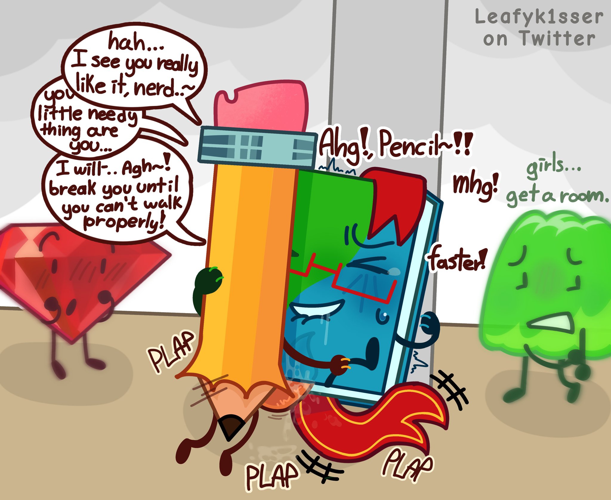 battle for dream island, begging, bfdi, blush, book (bfdi), bookmark, dickgirl, embarrassed, futa, futanari, gelatin (bfdi), glasses, lesbian, moaning, nerd, nerdy female, object shows, pencil (bfdi), penis, plap, ruby (bfdi), sorry mommy did i do a nono again?, speech bubble, watching, yuri
