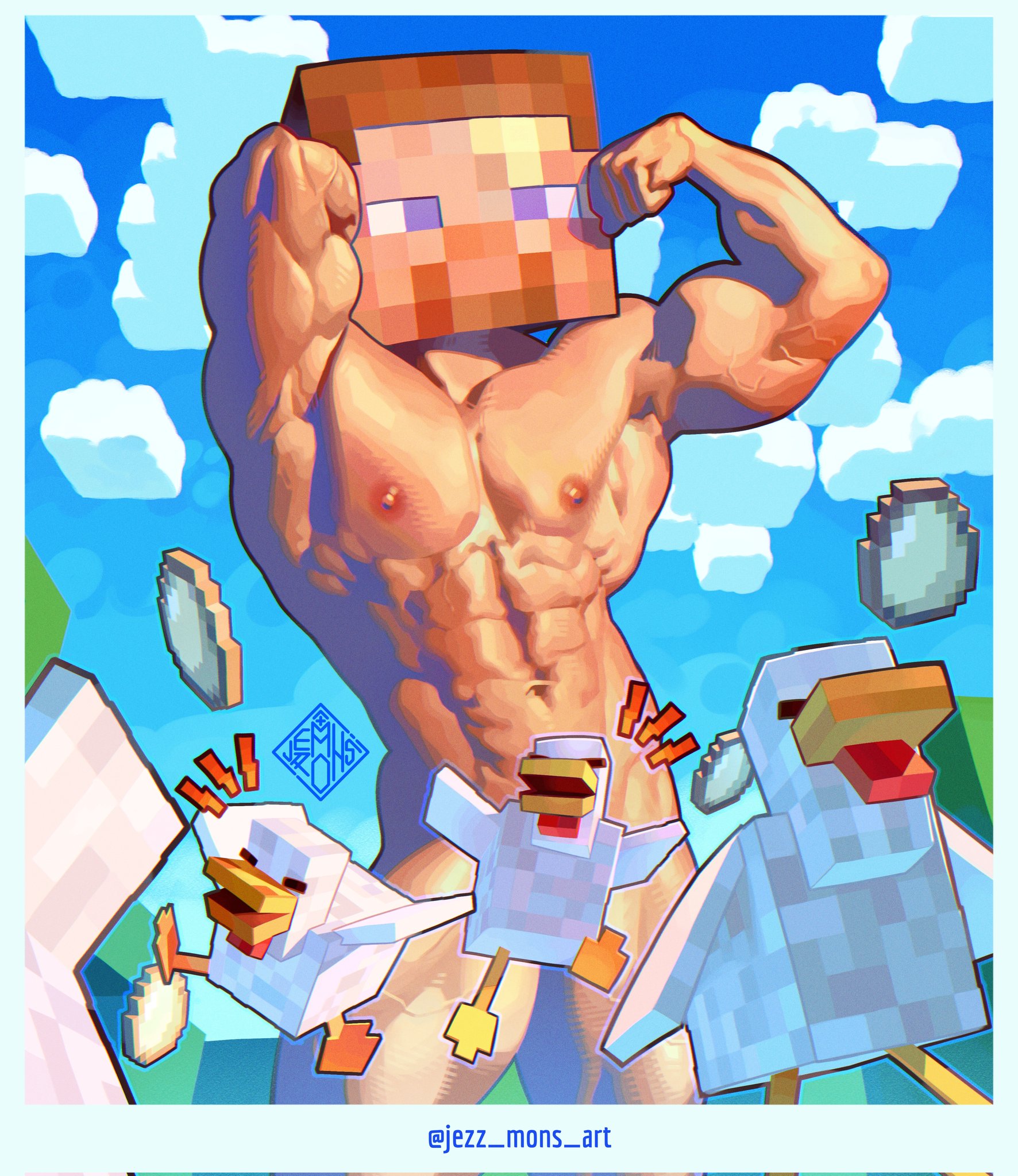 1boy, abs, armpits, artist name, bara, biceps, chicken (minecraft), cloud, convenient censoring, egg, flexing, jezz mons nsfw, male, male focus, male only, minecraft, muscular, muscular arms, muscular chest, muscular male, naked, naked male, nipples, nude, nude male, pecs, pectorals, sky, solo, solo male, steve (minecraft), thighs, yaoi