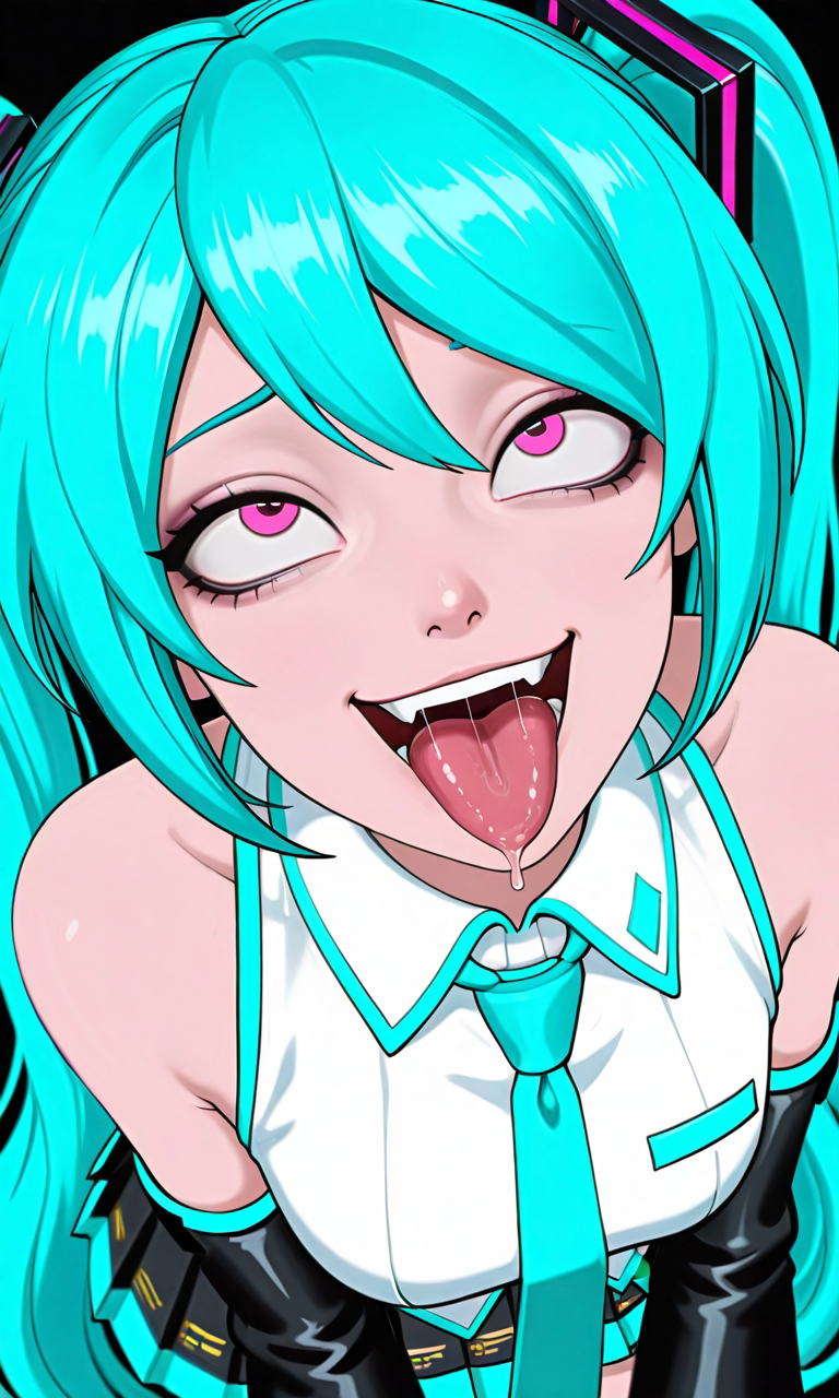 1girls 2025 ahe_gao ahegao_face ai_generated black_background blue_eyes blue_skirt blue_tie female fortnite hatsune_miku hatsune_miku_(fortnite) pink_eyes saliva tagme tongue tongue_out twintails vampiregurl vocaloid