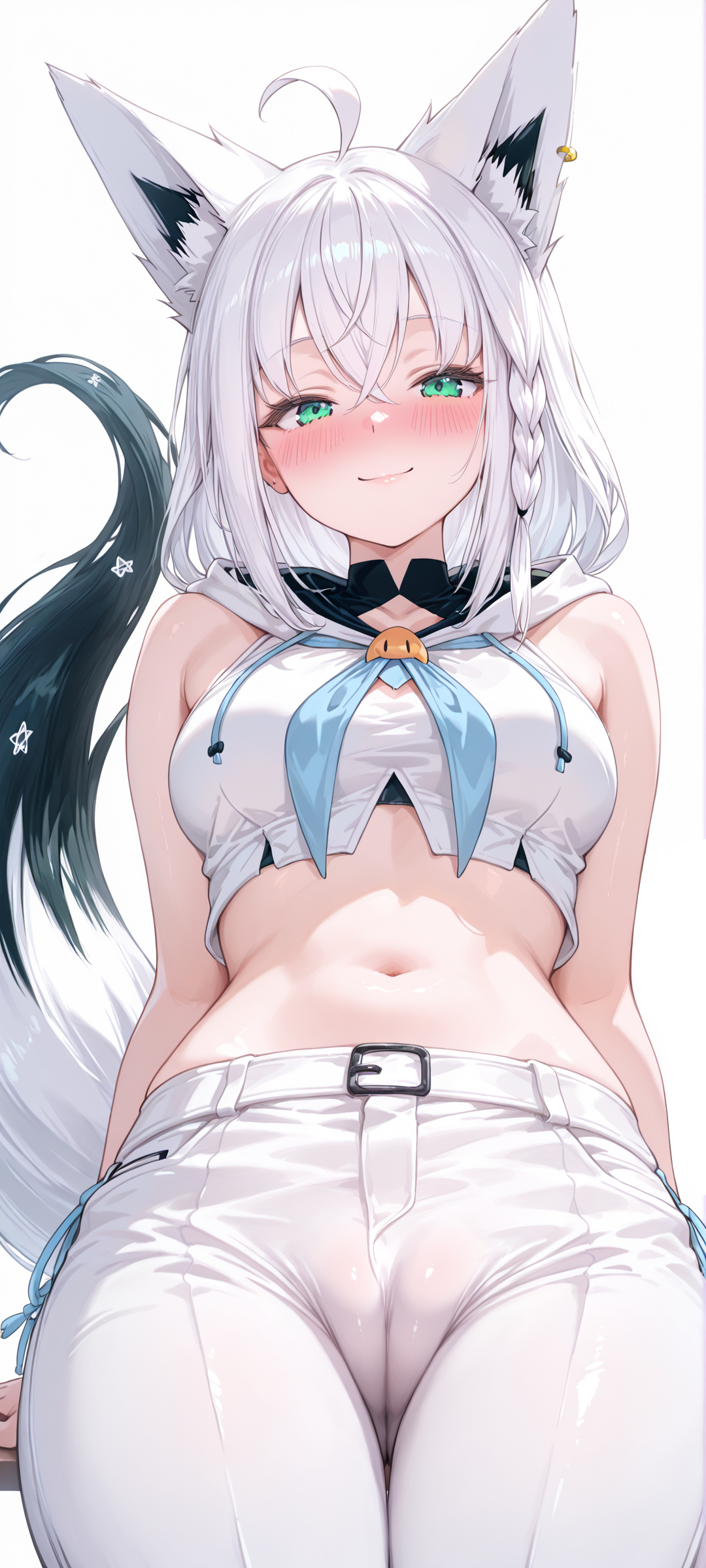 1girls, ai generated, amenude ai, animal ear fluff, animal ears, animal tail, blush, cameltoe, female, fox ears, fox girl, fox tail, hi res, high quality, hololive, hololive gamers, hololive gen 1, hololive japan, legs together, long hair, looking at viewer, phone wallpaper, pussy, shirakami fubuki, tail, thick thighs, thighs, virtual youtuber, white hair, white pants