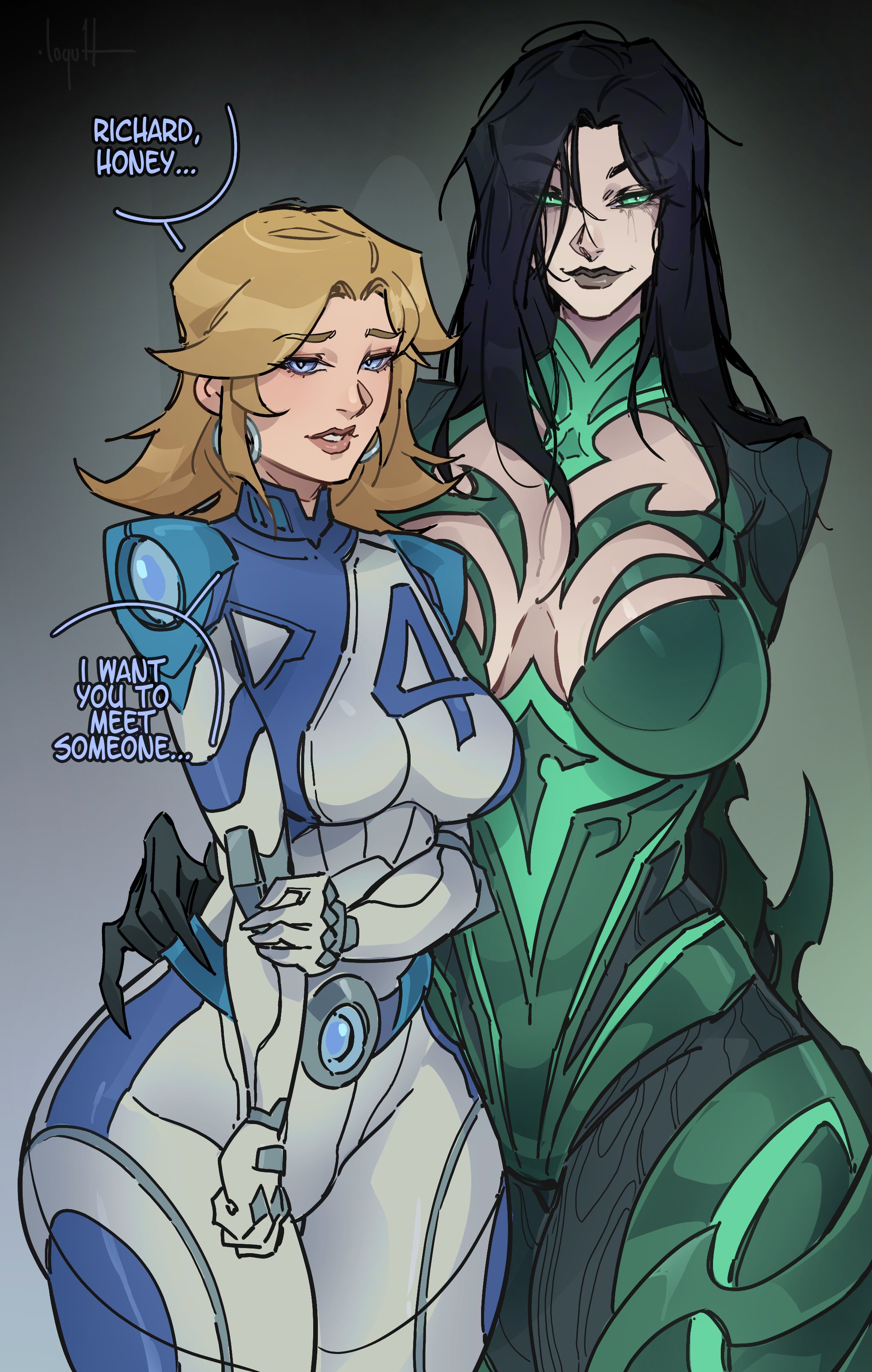 alternate version available, big breasts, curvy figure, dialogue, digital drawing (artwork), female, female focus, hand on hip, hela, hela (marvel rivals), highres, implied netorare, invisible woman, invisible woman (marvel rivals), loqu1t, male pov, marvel, marvel rivals, nsfw version available, sue storm