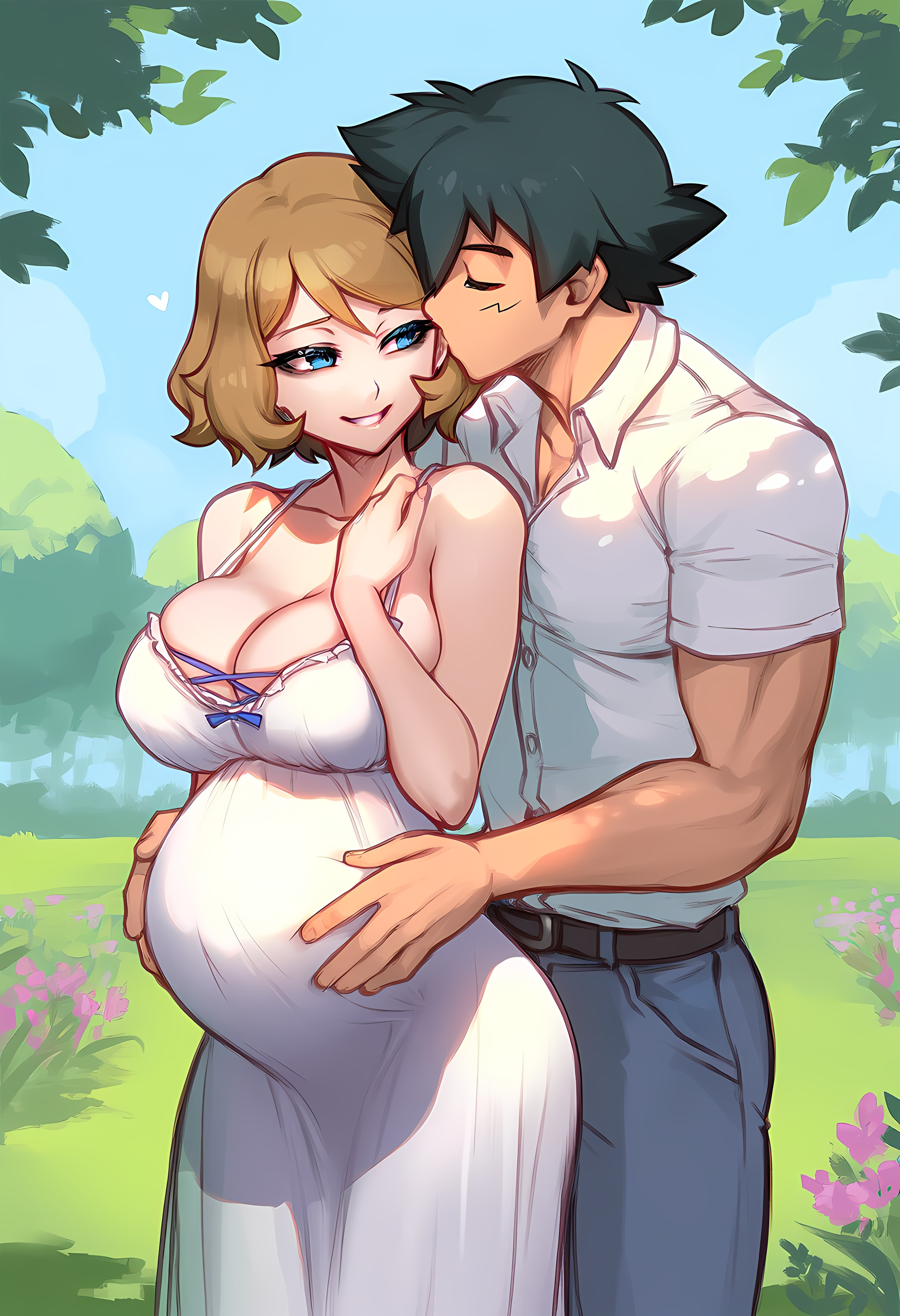 1boy, 1girls, 2d, aged up, ai generated, aksn, ash ketchum, big belly, big breasts, black hair, blonde hair, blue eyes, breasts, brown hair, cheek kiss, couple, dress, female, happy, honey blonde hair, honey hair, interracial, large breasts, light skin, light-skinned female, male, maternity clothes, pokemon, pokemon xy, pokemon xy (anime), pregnant, pregnant belly, pregnant female, satoshi (pokemon), serena (pokemon)