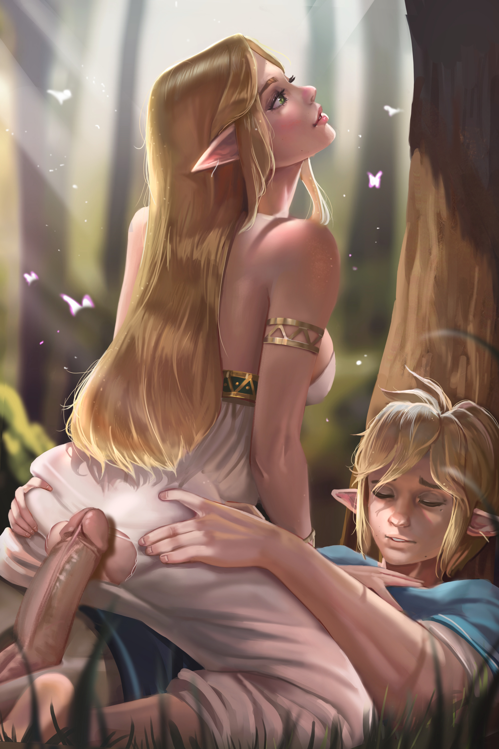 1boy, 1girls, anus, armlet, ass, ass grab, balls, barefoot, blonde hair, blue eyes, blush, bracelet, breasts, breath of the wild, closed eyes, clothed sex, covered breasts, cowgirl position, crotch cutout, dress, erection, eyeshadow, fairy, fat mons, feet, female, female on top, grass, happy sex, high resolution, hips, hoobamon, huge penis, hylian, jewelry, large breasts, large penis, legs, light rays, link, link (breath of the wild), lipgloss, lips, long hair, makeup, male, mascara, nintendo, on ground, outdoors, pale skin, parted lips, passionate, penetration, penis, pointy ears, princess, princess zelda, realistic, sex, sideboob, soles, straddling, straight, strapless, strapless dress, testicles, the legend of zelda, thick lips, thighs, toes, torn clothes, torn dress, tree, uncensored, very high resolution, white dress, wings, zelda (breath of the wild), zelda's ceremonial robes