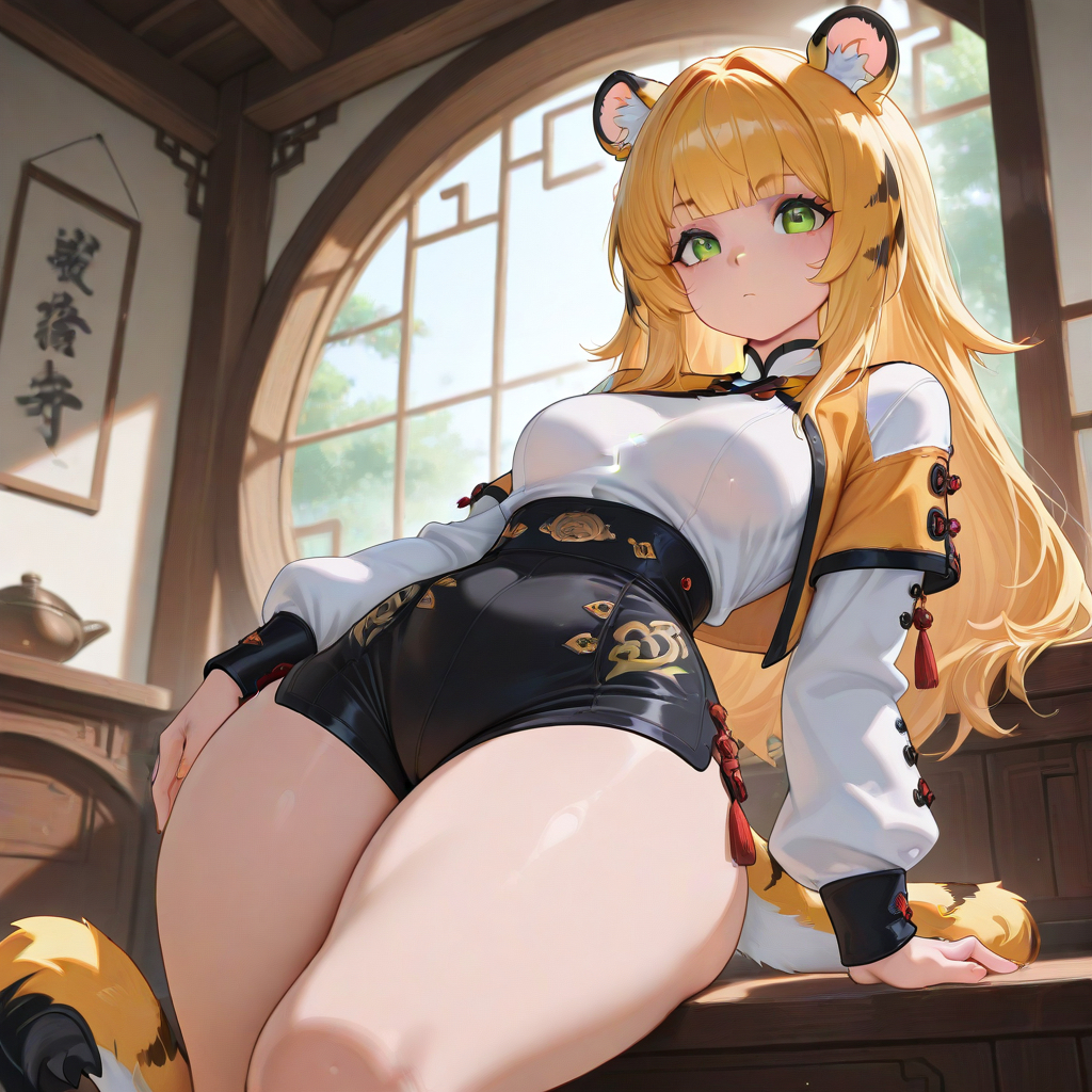 ai generated, alternate costume, bigbizarts, breasts, curvy, female, green eyes, ju fufu, ju fufu (zenless zone zero), long hair, medium breasts, orange hair, qipao, shorts, striped hair, thighs, tiger ears, tiger girl, tiger tail, zenless zone zero