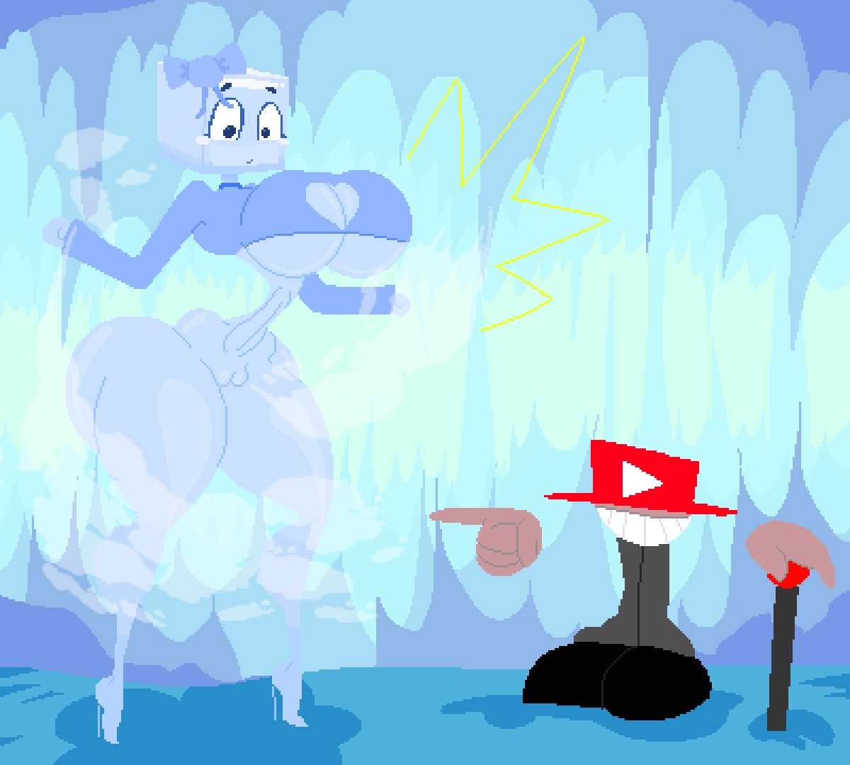 1girls, anatomically inaccurate, anatomically incorrect, ass, bald, bald female, big breasts, boobs, bottomless, bow, breasts, breasts bigger than head, cool as ice, detailed background, elementibox, female, hyper-thin waist, iciella (cool as ice), incredibox cool as ice, incredibox mod, keelgabeytheart, no bra, partially clothed, taller female, wasp waist, wide hips