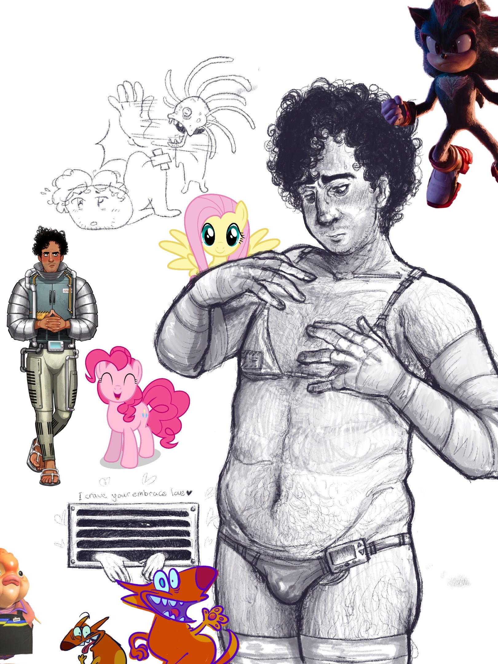 bikini, blush, chubby male, crossover, date everything, feeling up, fluttershy (mlp), hairy chest, hector valentino airnesto condicionado (date everything), looking down, male, my little pony, pinkie pie (mlp), pleasure face, shadow the hedgehog, sonic (series), thighhighs, vibrator under panties