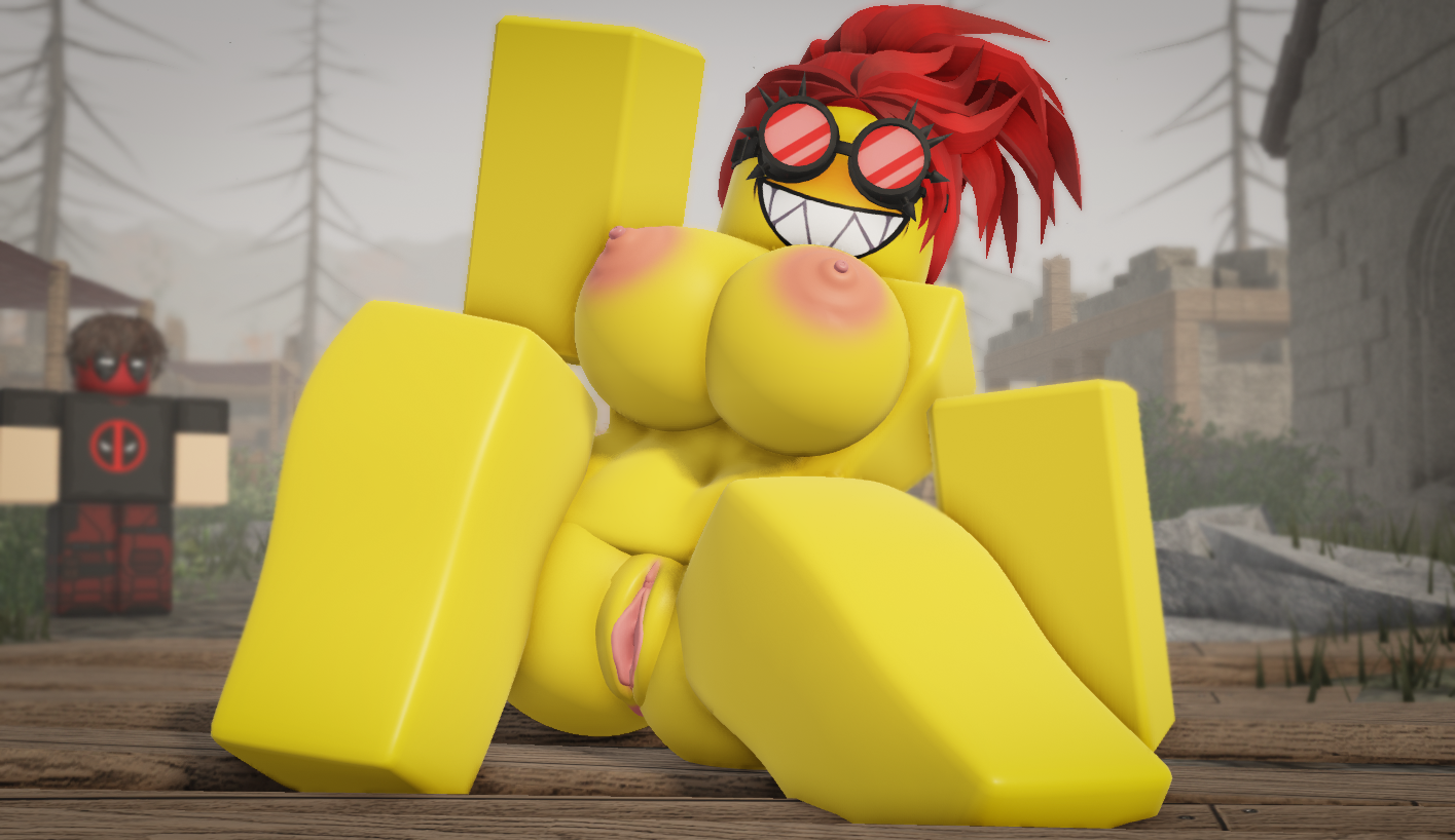 1boy, 1girls, 3d, areolae, artist self-insert, ass, belly button, big ass, big breasts, big thighs, clothed male, collaboration, glasses, jasmine (rootyrooty8), ninjashyper2, nipples, nude female, outdoors, public, public indecency, pussy, red hair, roblox, roblox avatar, robloxian, rootyrooty8, self upload, showing off, showing pussy, stomach, teeth, teeth showing, thighs, waving, waving at viewer, yellow body, yellow skin