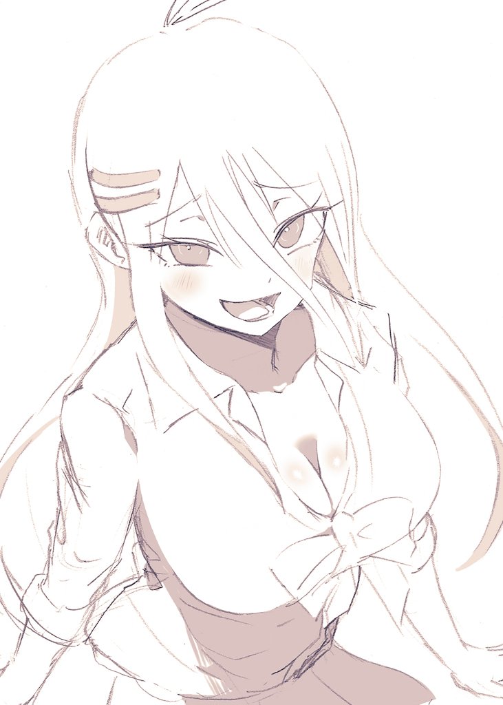 :d, antenna hair, blush, bow, breasts, cleavage, dadadaeki00, danganronpa, danganronpa v3: killing harmony, female, greyscale, hair between eyes, hair ornament, hairclip, iruma miu, large breasts, long hair, long sleeves, monochrome, open mouth, pleated skirt, shirt, skirt, smile, solo, teeth, tongue