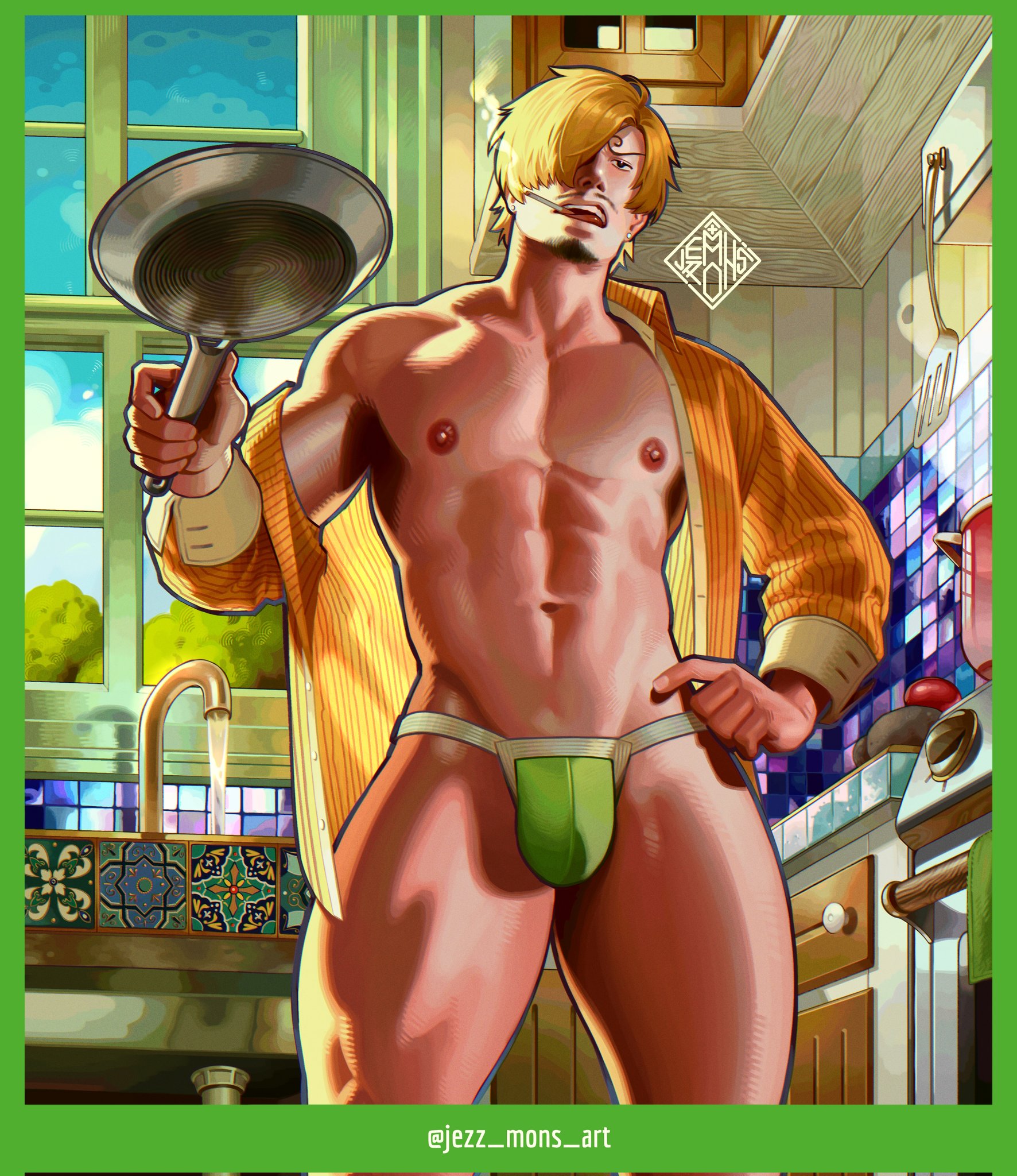 1boy, abs, artist name, bara, bulge, cigarette, facial hair, holding object, jezz mons nsfw, male, male focus, male only, muscular, muscular chest, muscular male, nipples, one piece, pecs, pectorals, sanji, solo, solo male, thighs, vinsmoke sanji, yaoi