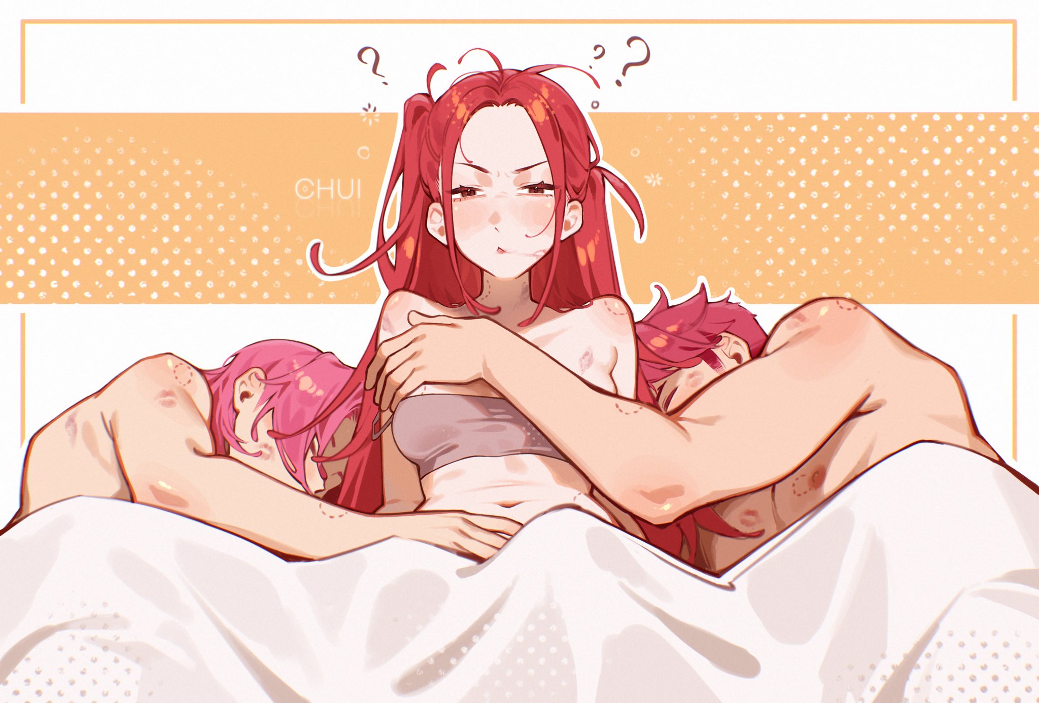 ?, ??, 1girls, 2boys, abby (kpop demon hunters), breasts, chui art, clothed female nude male, female, hickey, kpop demon hunters, male, male/female, mira (kpop demon hunters), mmf threesome, morning after, pink hair, red hair, romance (kpop demon hunters), saja boys, small breasts, straight, threesome, tubetop, twintails, waking up