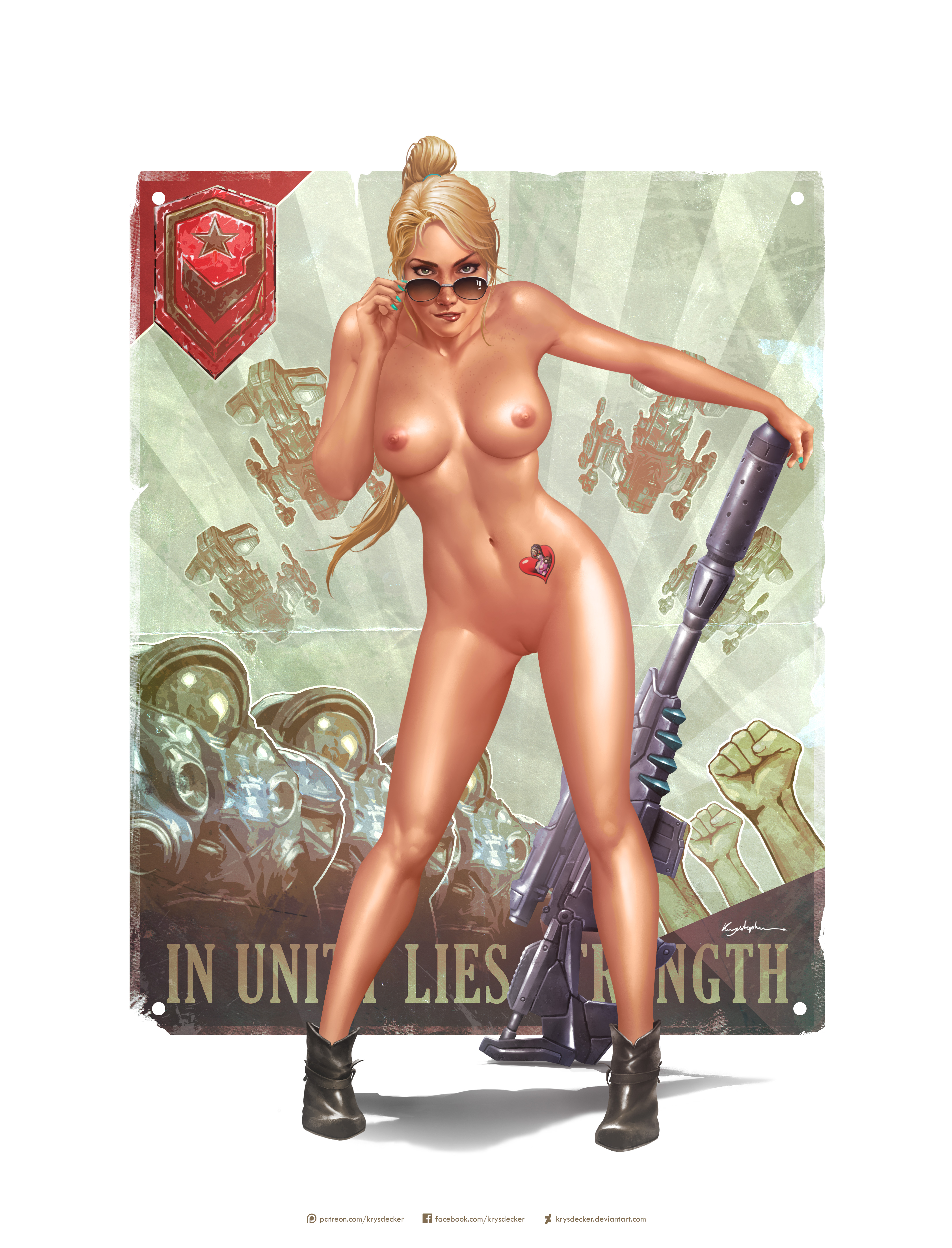 1girls, absurdres, areolae, artist name, bent over, blizzard entertainment, blonde hair, blue eyes, boots, breasts, casual, english, english text, eyewear, female, female only, firearm, footwear, ghost (starcraft), glasses, gun, heart tattoo, heroes of the storm, highres, human, krysdecker, large breasts, long hair, looking at viewer, medium breasts, megane, naked footwear, naked with shoes on, navel, nipples, nova (starcraft), nude, pale skin, ponytail, pussy, rifle, shoes, signature, solo, solo female, standing, starcraft, sunglasses, tattoo, terran, text, weapon