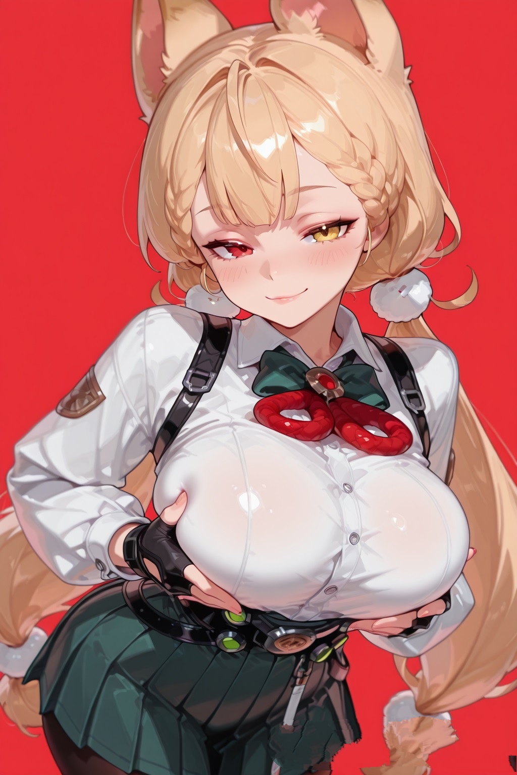 ai generated, alice thymefield, ass, big ass, big breasts, blush, breasts, cat ears, cat girl, catgirl, clothes, female, furry, hand on breast, heterochromia, women, zenless zone zero