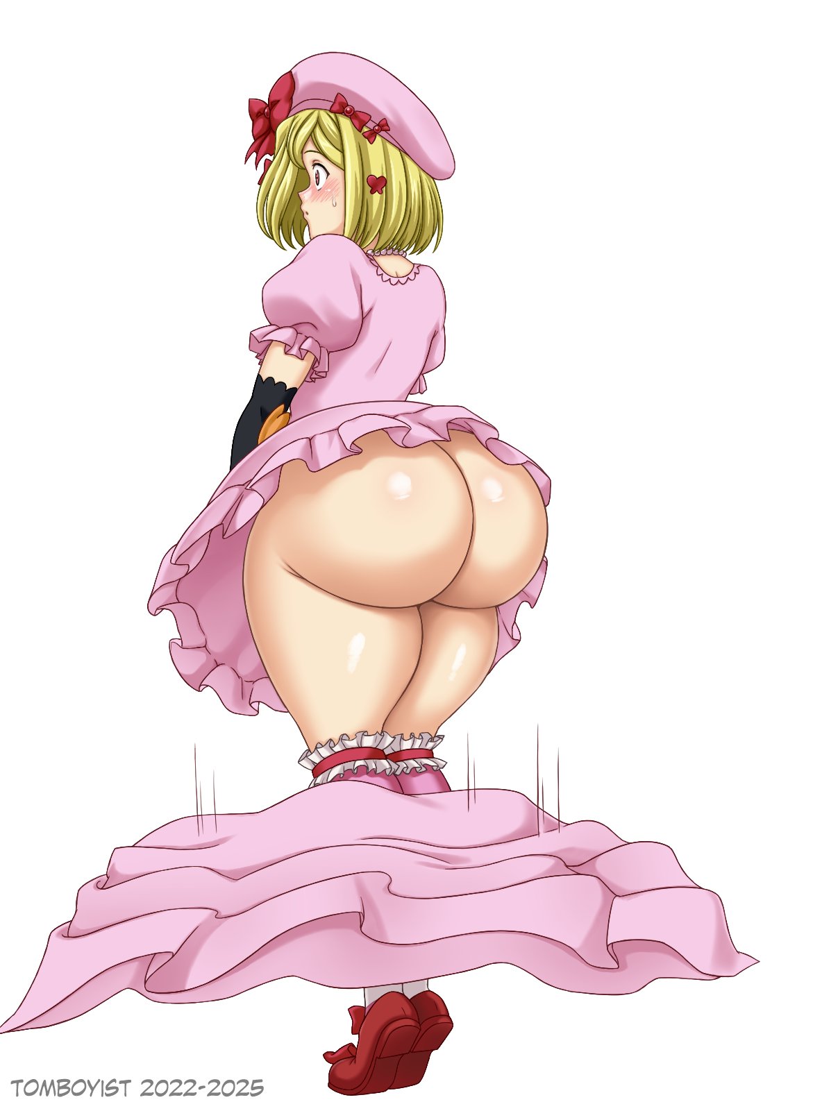 07th expansion, ass, ass focus, back view, big ass, blonde hair, blush, clothes falling off, embarrassed, lambdadelta, large ass, no background, shiny skin, thick thighs, thunder thighs, tomboyist, umineko no naku koro ni