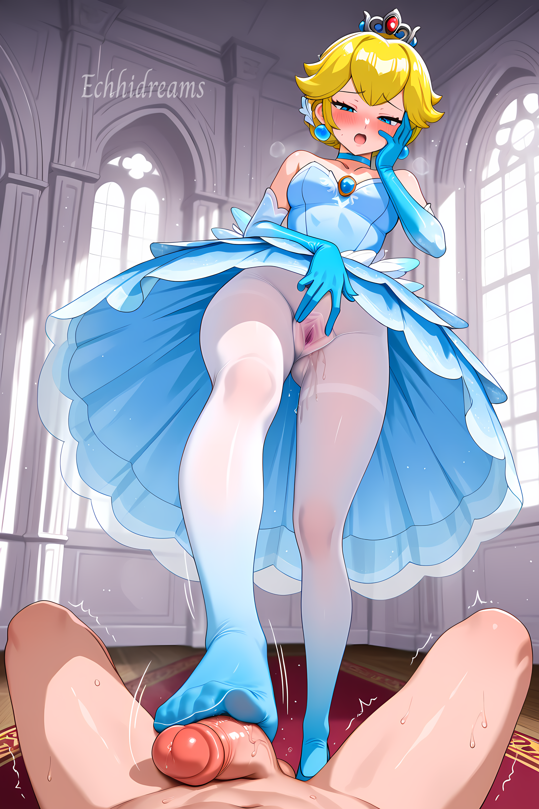 1boy, 1girls, 4k, ai generated, blonde hair, blush, breasts, dress, ecchidreams, elbow gloves, embarrassed, feet, female, foot fetish, foot focus, footjob, footjob with legwear, gloves, hand on face, hi res, high resolution, human, human only, large penis, legwear, lying on back, male, mario (series), medium breasts, nintendo, open mouth, pantyhose, penis, pov, princess peach, pussy, pussy juice, see-through, see-through clothing, shaking, short hair, spreading, spreading pussy, standing footjob, stepped on, stepping on penis, super mario bros., trembling, trembling penis, white legwear, white pantyhose