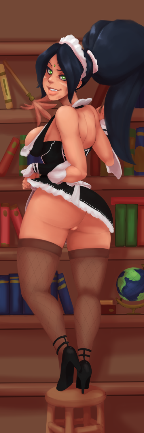 black hair, breasts, breasts out, fangs, female, forehead jewel, french maid, green eyes, grin, heels, high heels, league of legends, looking at viewer, mrpotatoparty, nidalee, nipples, ponytail, thighhighs