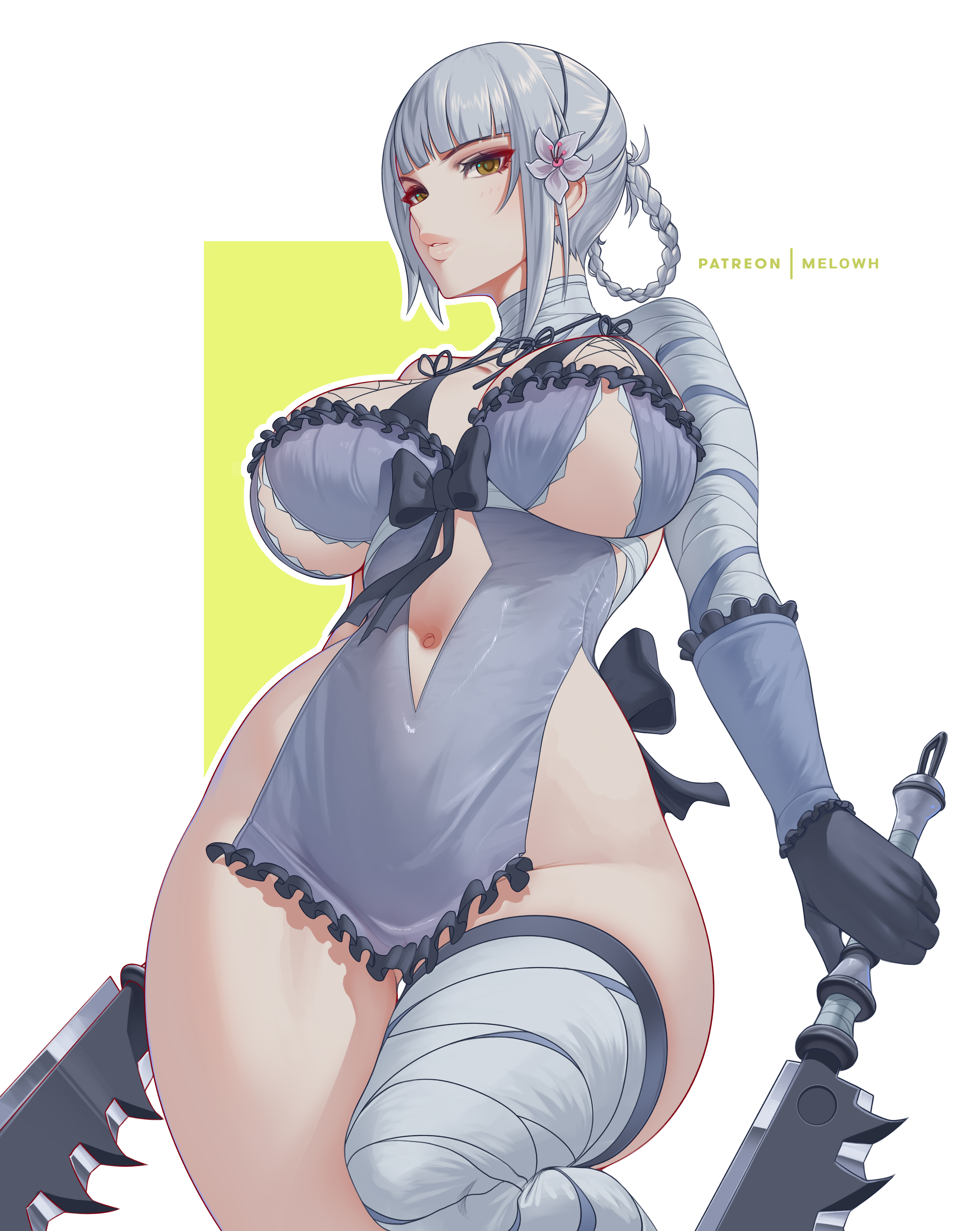 1girls, armwear, belly, breasts, brown eyes, casual, dress, female, female focus, female only, handwear, hi res, high quality, high resolution, highres, hourglass figure, huge breasts, human, kaine (nier), large breasts, light skin, light-skinned female, looking at viewer, melowh, mostly nude, nier, nier (series), nier replicant, pale skin, silver hair, solo, thick thighs, thighhighs, thighs, weapon, wide hips