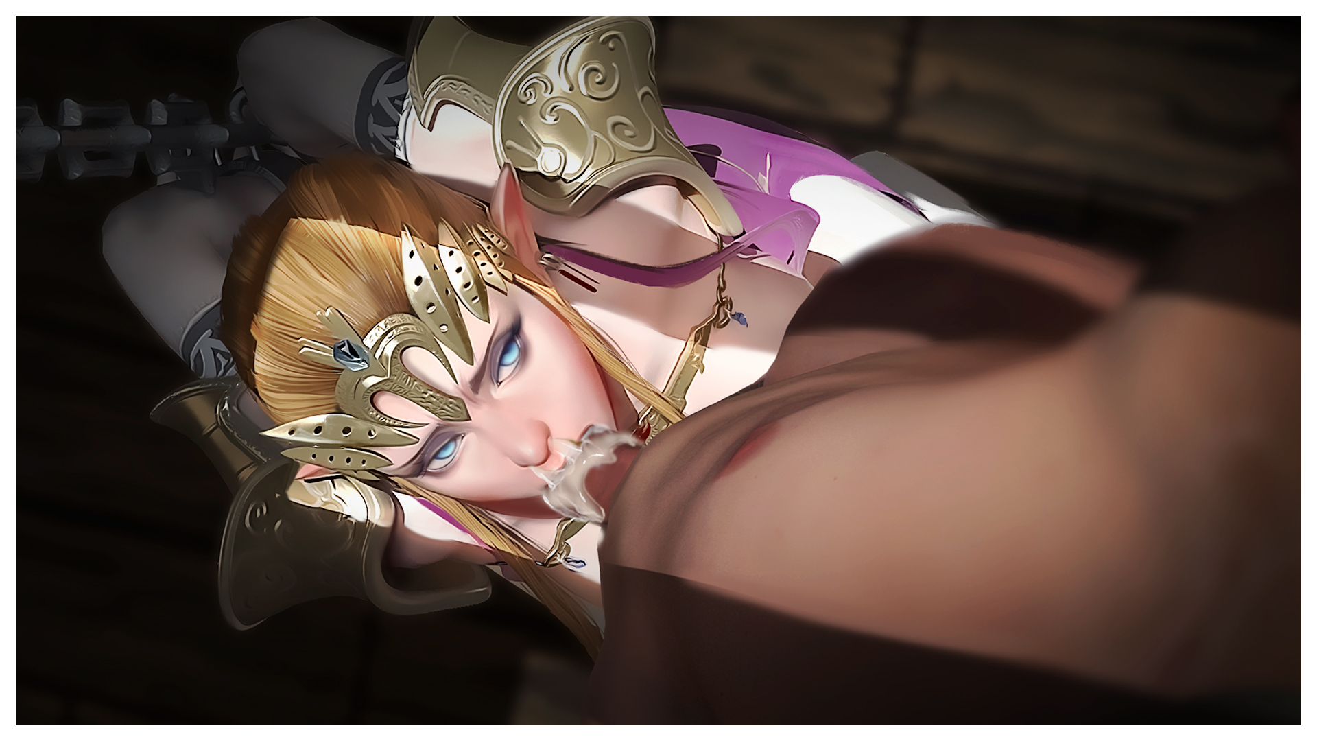 1boy, 1girls, 3d, armor, blonde hair, blue eyes, breasts, cum, cum in mouth, cum on body, cum on upper body, dark skin, dark-skinned male, deepthroat, dress, earrings, elbow gloves, enslaved royal, fellatio, female, firolian, gloves, highres, human, jewelry, kneeling, large breasts, long hair, male, nintendo, nipples, oral, penis, pink dress, pointy ears, princess, princess zelda, sex slave, slave, slave girl, standing, the legend of zelda, tiara, twilight princess, white gloves, zelda (twilight princess)