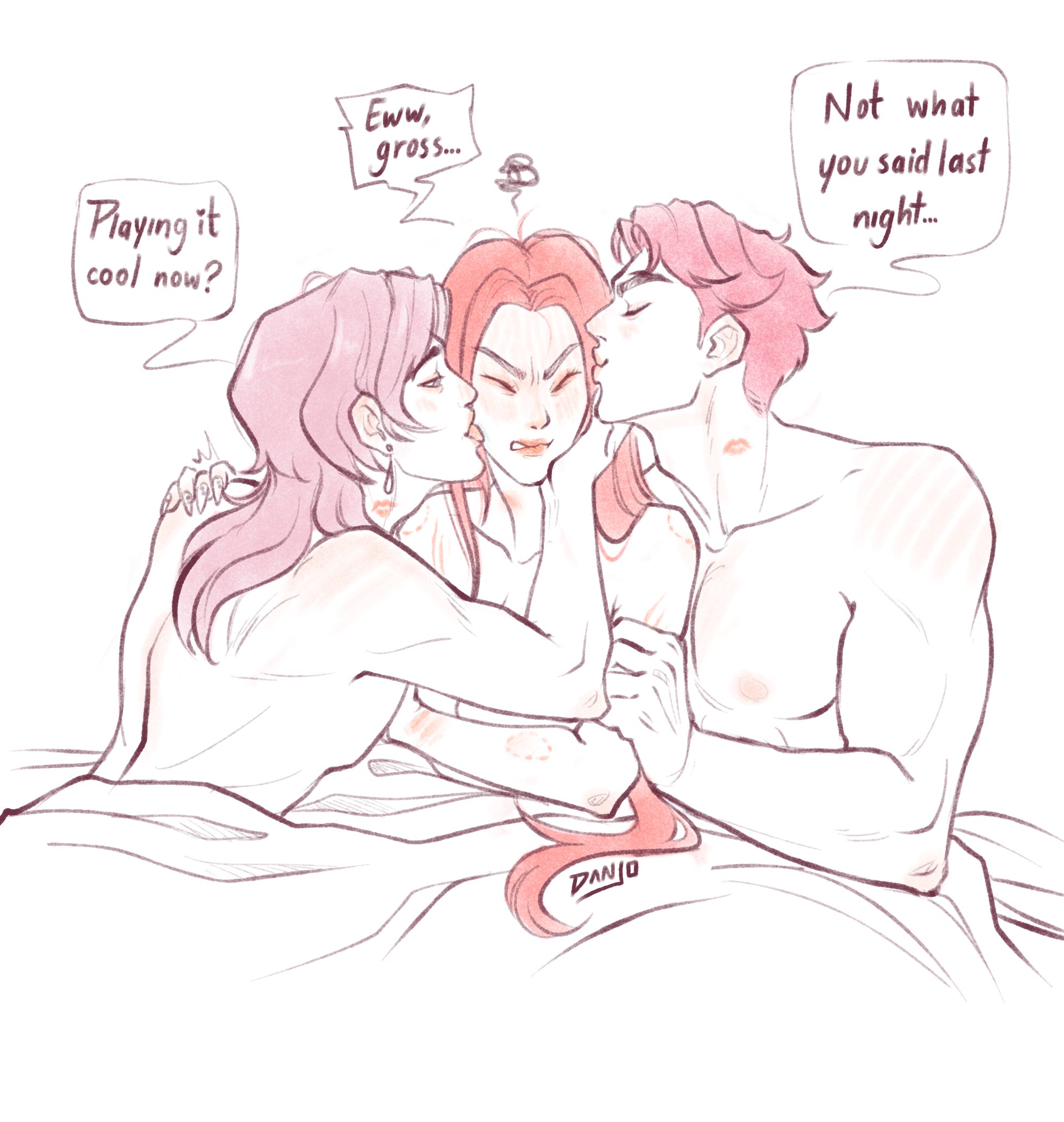 1girls, 2boys, abby (kpop demon hunters), aftercare, closed eyes, danjo (d4njo), english text, female, hair down, hickey, hickey marks, kissing, kpop demon hunters, lipstick mark, male, male/female, mira (kpop demon hunters), mmf threesome, morning after, muscular, muscular male, red hair, romance (kpop demon hunters), saja boys, sandwiched, straight, text, threesome, twintails