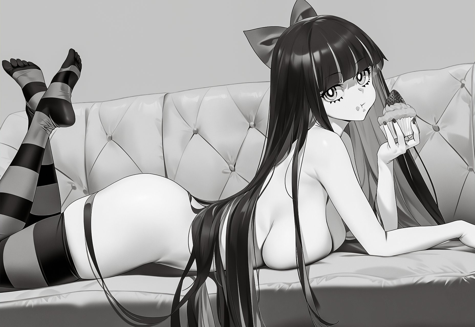 0xcarnation, bow, breasts, couch, eating, female, monochrome, panty & stocking with garterbelt, squished breasts, stocking anarchy, stockings, tagme