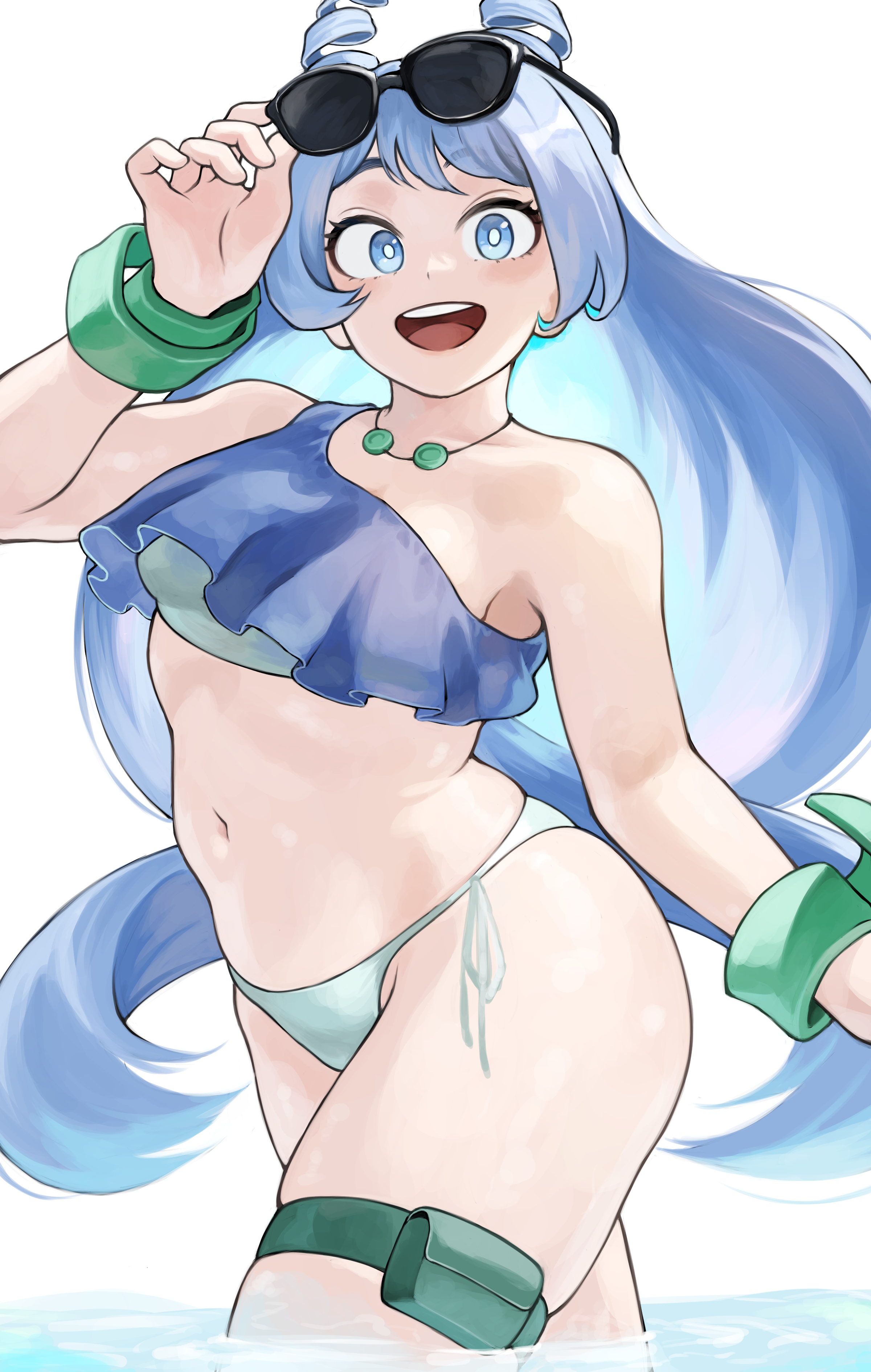 1girls, bikini, blue eyes, blue hair, blue-haired female, boku no hero academia, bracelet, curvy, female, fengling (furin-jp), furin0241, light skin, light-skinned female, my hero academia, necklace, nejire hado, sunglasses, swimsuit, thigh strap, water, white background