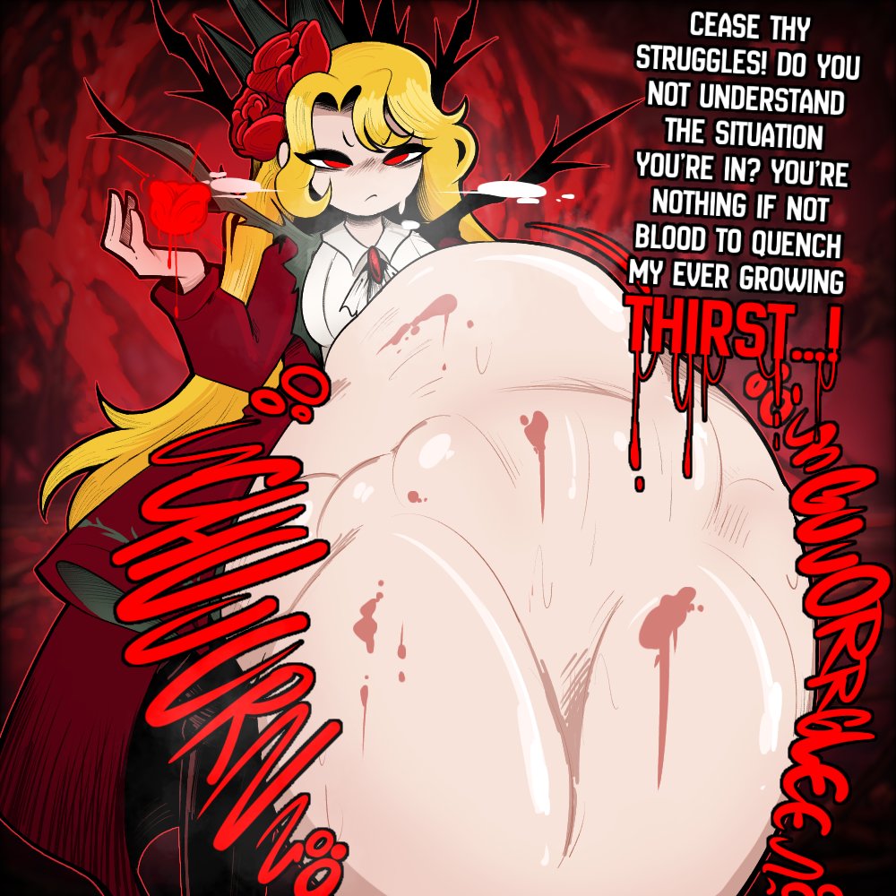 1girls, belly, belly overhang, blonde hair, blood stain, boots, bulging belly, dialogue, digestion, don quixote (limbus company), e.g.o (project moon), english text, female, female focus, female only, four-hundred roses (limbus company), hyper belly, light skin, light-skinned female, limbus company, long hair, possessed, possession, prey outline, project moon, red eyes, rose, same size vore, sancho (limbus company), solo, struggling, struggling prey, thigh boots, thorns, tuppenjskewer, very long hair, vore, yearning-mircalla (e.g.o)