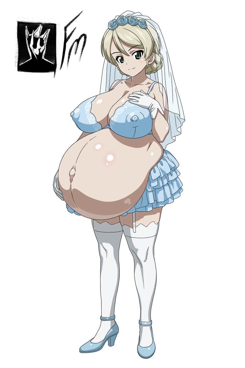 belly big_breasts bloated_belly blonde_hair breasts darjeeling fungus-man girls_und_panzer gloves green_eyes high_heels hyper_belly pregnant pregnant_female rose stockings visible_nipples wedding_dress wedding_veil white_background