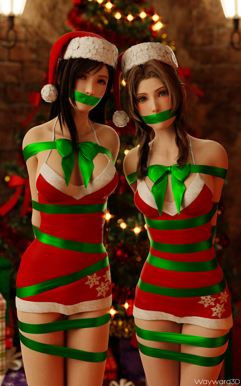 3d, aerith gainsborough, arms behind back, black hair, bondage, bound, christmas, female, female focus, female only, final fantasy, final fantasy vii, gag, human, light skin, light-skinned female, looking at viewer, ribbon, ribbon bondage, tifa lockhart, waywardsfm