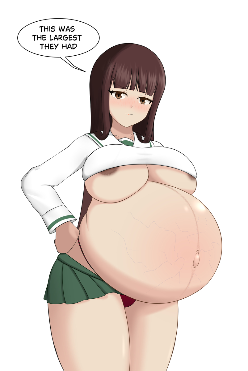 barely_visible_nipples big_breasts blush breasts brown_eyes brown_hair english_text girls_und_panzer hyper_belly lernana_6 long_hair milf nishizumi_shiho ooarai_school_uniform open_clothes panties pregnant stretch_marks veiny_belly white_skin