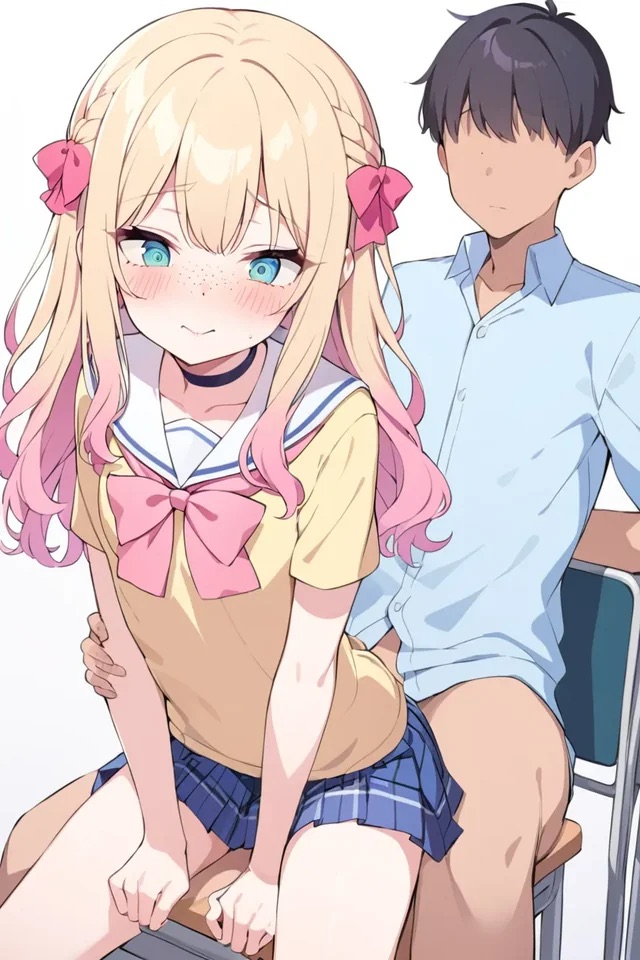 1boy actualtrashhuman ai ai_generated bangs blank_background blonde_hair blonde_to_pink_hair choker faceless_male female gradient_hair implied_penetration implied_sex long_hair microskirt miniskirt original_character plaid_skirt pleated_skirt public_sex sailor_collar school_uniform schoolgirl skinny_female skinny_legs skirt stealth_sex two_tone_hair wavy_hair