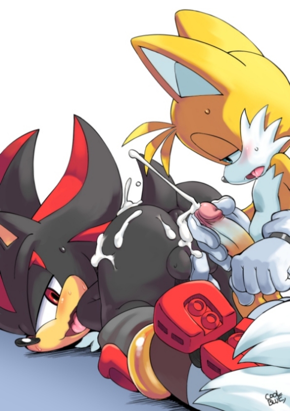 2boys, coolblue, footwear, handwear, handwear and footwear only, large penis, male, male only, miles prower, miles tails prower, penis, sega, shadow the hedgehog, sonic (series), sonic the hedgehog (series), tails the fox