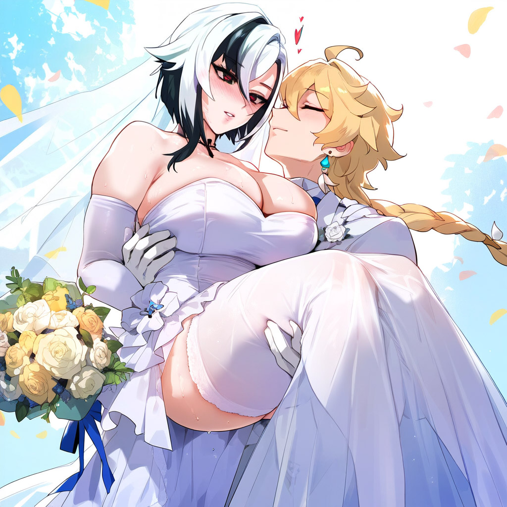 aether_(genshin_impact) ahoge ai_generated arlecchino_(genshin_impact) black_hair blonde_hair blush bouquet breasts bridal_gauntlets bridal_veil bride carrying couple depressu dress earrings elbow_gloves flower genshin_impact gloves holding_bouquet huge_breasts jewelry large_breasts long_hair mature_female multicolored_hair multiple_girls petals princess_carry red_eyes rose straight thighhighs two-tone_hair veil wedding wedding_dress white_hair wide_hips