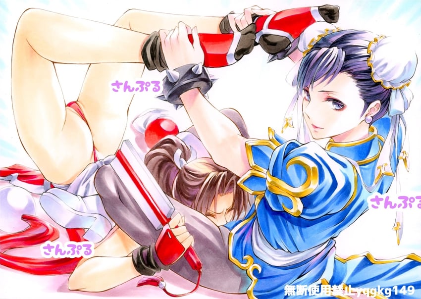 2girls ass blue_dress bracelet breasts brown_eyes brown_hair bun_cover catfight china_dress chinese_clothes chun-li cleavage commentary cross-laced_footwear crossover double_bun dress fatal_fury flexible hair_bun hand_fan holding holding_fan jewelry large_breasts long_hair lying mai_shiranui marker_(medium) multiple_girls ninja on_stomach pantyhose pelvic_curtain ponytail puffy_short_sleeves puffy_sleeves revealing_clothes rope shiranui_mai short_sleeves spiked_bracelet spikes street_fighter struggling submission_hold the_king_of_fighters thong traditional_media watermark white_footwear wrestling yqgkg