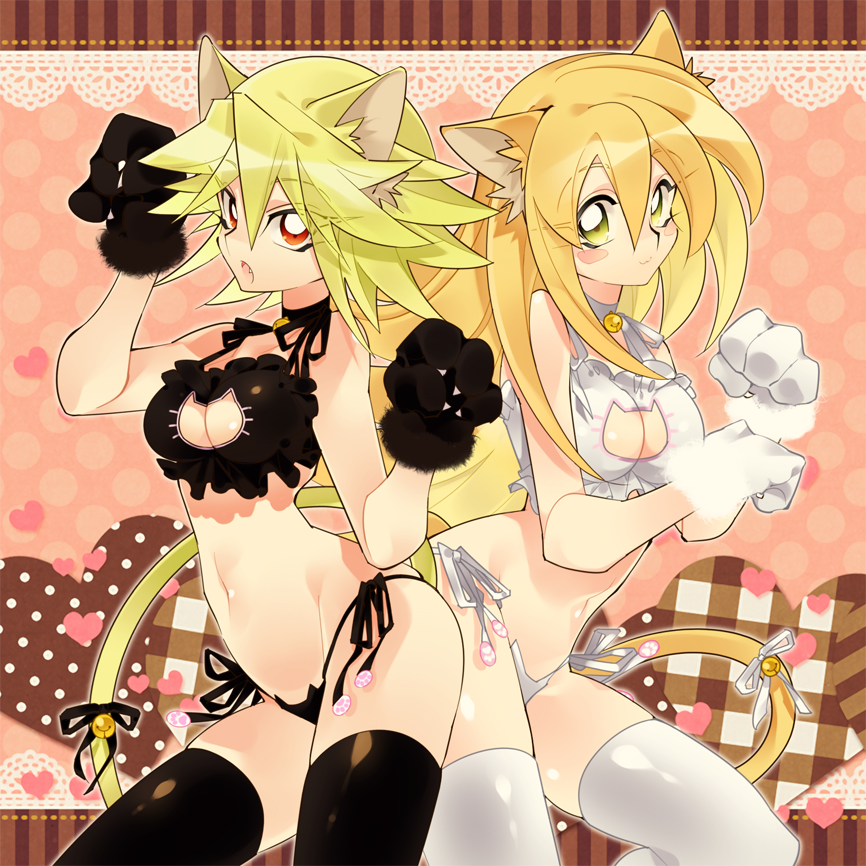 2girls animal_ears animal_hands bare_shoulders bell black_legwear black_panties blonde_hair blush blush_stickers bra breasts cat_cutout cat_ear_panties cat_ears cat_lingerie cat_paws cat_tail choker cleavage cleavage_cutout clothing_cutout dark_magician_girl duel_monster gagaga_girl gloves green_eyes jingle_bell large_breasts long_hair looking_at_viewer meme_attire misaka_(missa) multiple_girls navel neck_bell oerba_yun_fang open_mouth panties paw_gloves red_eyes short_hair side-tie_panties smile tail thighhighs underwear underwear_only white_legwear yu-gi-oh! yu-gi-oh!_duel_monsters yu-gi-oh!_zexal yuu-gi-ou yuu-gi-ou_zexal