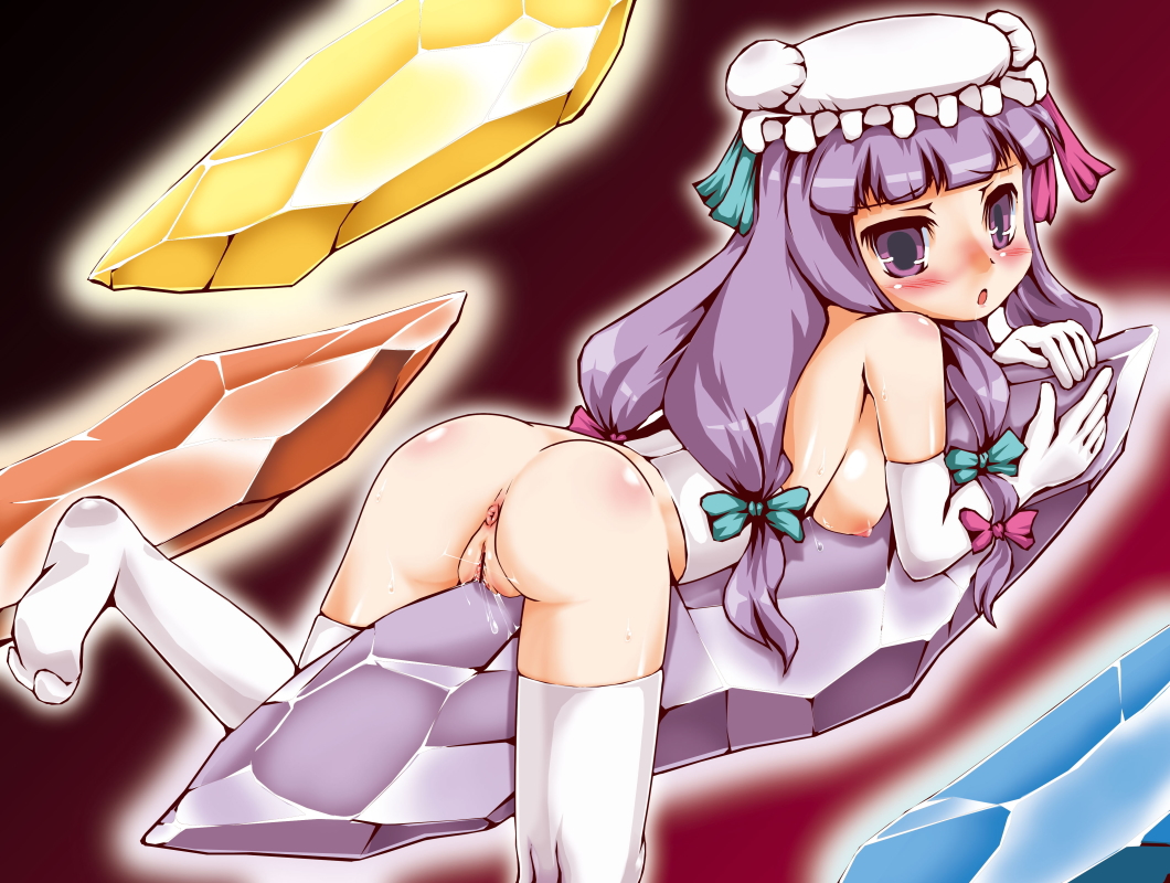 anus ass blush bow bows breasts censored crotch_rub crystal crystals female female_only gloves hat human long_hair lying nipples open_mouth patchouli_knowledge purple_eyes purple_hair pussy pussy_juice solo sukiyo thighhighs touhou