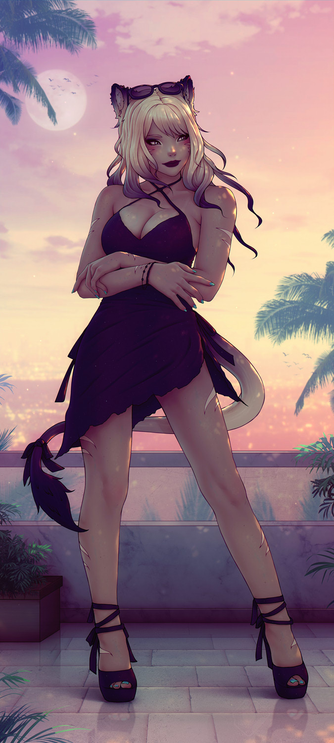 1girls animal_ears bare_shoulders black_dress blonde_hair blue_nails blush bracelet breasts cat_ears cat_girl cat_tail cleavage criss-cross_halter dark_lipstick dress eyeliner eyeshadow eyewear_on_head facial_mark female female_only final_fantasy final_fantasy_xiv full_body gradient_hair halterneck high_heels highres large_breasts legs long_hair looking_to_the_side makeup miqo'te moon multicolored_hair nail_polish original_character outdoors palm_tree sidelocks sky slit_pupils solo soranamae standing sunglasses sunglasses_on_head sunset tail whisker_markings yellow_eyes