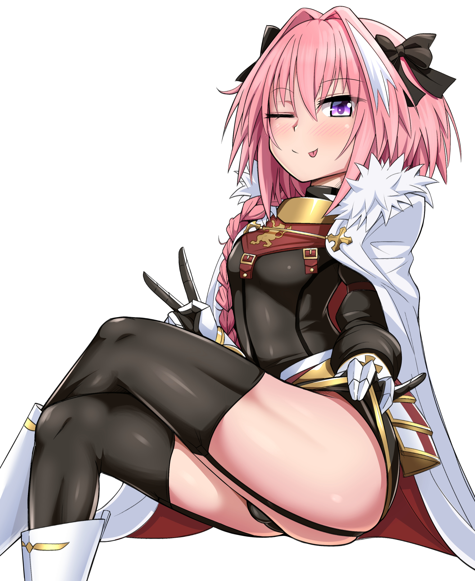 1boy, astolfo (fate), bulge, fate (series), femboy, garter belt, girly, male, male only, panties, sekai saisoku no panda, thighhighs, tongue, tongue out, trap
