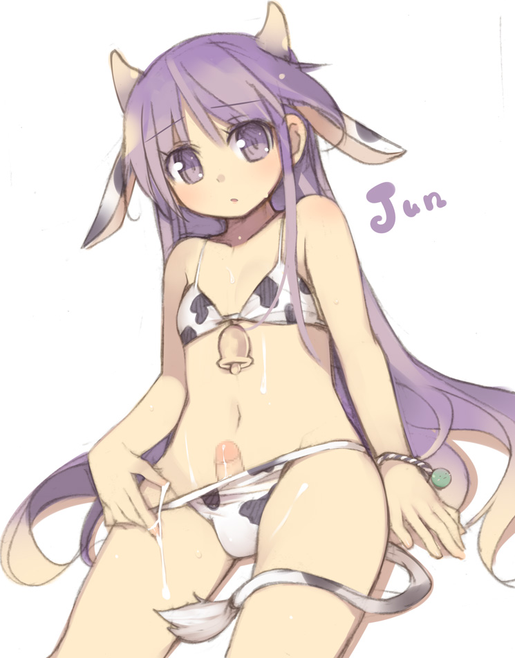 animal_ears bell bikini bikini_pull blush bulge censored cow_bikini cow_ears cow_print cow_tail crossdressing cum erection fake_animal_ears fake_horns femboy happiness happiness! horns human human_only kashiwamochi_yomogi long_hair navel panties penis penis_head penis_in_panties penis_out penis_peek precum purple_eyes purple_hair solo swimsuit tail underwear very_long_hair watarase_jun