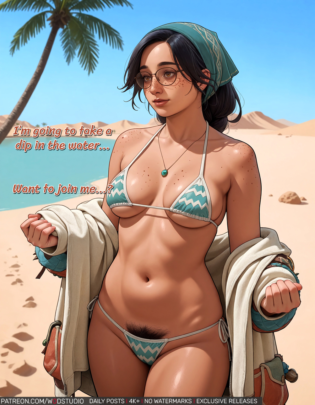 ai_generated alma alma_(monster_hunter_wilds) aqua_bikini aqua_swimsuit bangs bare_shoulders beach bikini bikini_bottom black_hair black_pubic_hair blue_sky blush bracelet breasts breasts_apart brown_eyes clavicle cleavage clothing cloud cowboy_shot dark-skinned_female dark_skin day earrings english_language english_text excessive_pubic_hair eyewear female female_only female_pubic_hair forehead freckles glasses green_bikini green_swimsuit head_scarf headwear high_resolution jacket jewelry large_breasts lips long_hair looking_at_viewer looking_away medium_breasts monster_hunter_wilds navel necklace ocean off_shoulder open_clothes open_jacket original outdoors palm_tree parted_lips ponytail pubic_hair pubic_hair_peek round_eyewear sand side-tie_bikini_bottom side-tie_clothing side-tie_swimsuit sky smile solo standing stomach string_bikini sunglasses swimsuit text thighs tied_hair tree underboob water wet wodstudio