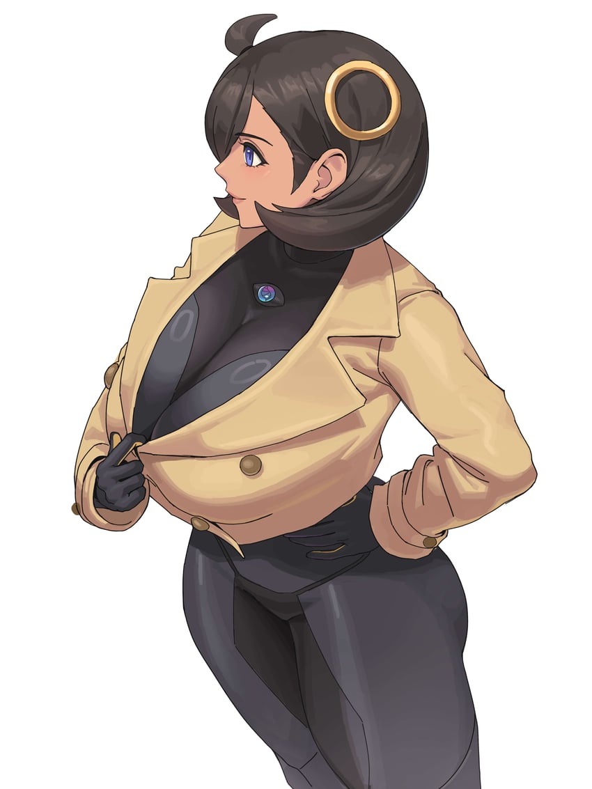 aged up, beige coat, beige jacket, big cleavage, black bodysuit, black rubber, bodysuit, coat, emma (pokemon), huge ass, huge breasts, human, human only, jacket, jpeg, ksksksa, matiere (pokemon legends: z-a), matiere (pokemon), pokemon, pokemon legends: z-a, rubber, rubber clothing, rubber suit, thick thighs