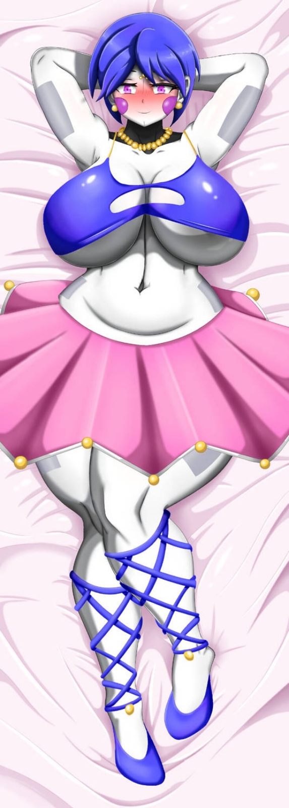 ballora ballora_(fnafsl) ballora_(fnia) big_breasts bladgf blue_hair blue_shoes blush blush blushing_at_viewer body_pillow clothed five_nights_at_freddy's five_nights_at_freddy's:_sister_location five_nights_in_anime giant_breasts looking_at_viewer pink_dress purple_cheeks purple_eyes red_blush short_hair smiling smiling_at_viewer solo tagme thick_thighs yellow_earrings yellow_necklace