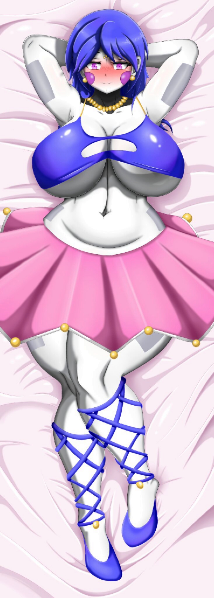 ballora ballora_(fnafsl) ballora_(fnia) big_breasts bladgf blue_hair blue_shoes blush blush blushing_at_viewer body_pillow clothed five_nights_at_freddy's five_nights_at_freddy's:_sister_location five_nights_in_anime giant_breasts long_hair looking_at_viewer pink_dress purple_cheeks purple_eyes red_blush smiling smiling_at_viewer solo tagme thick_thighs yellow_earrings yellow_necklace