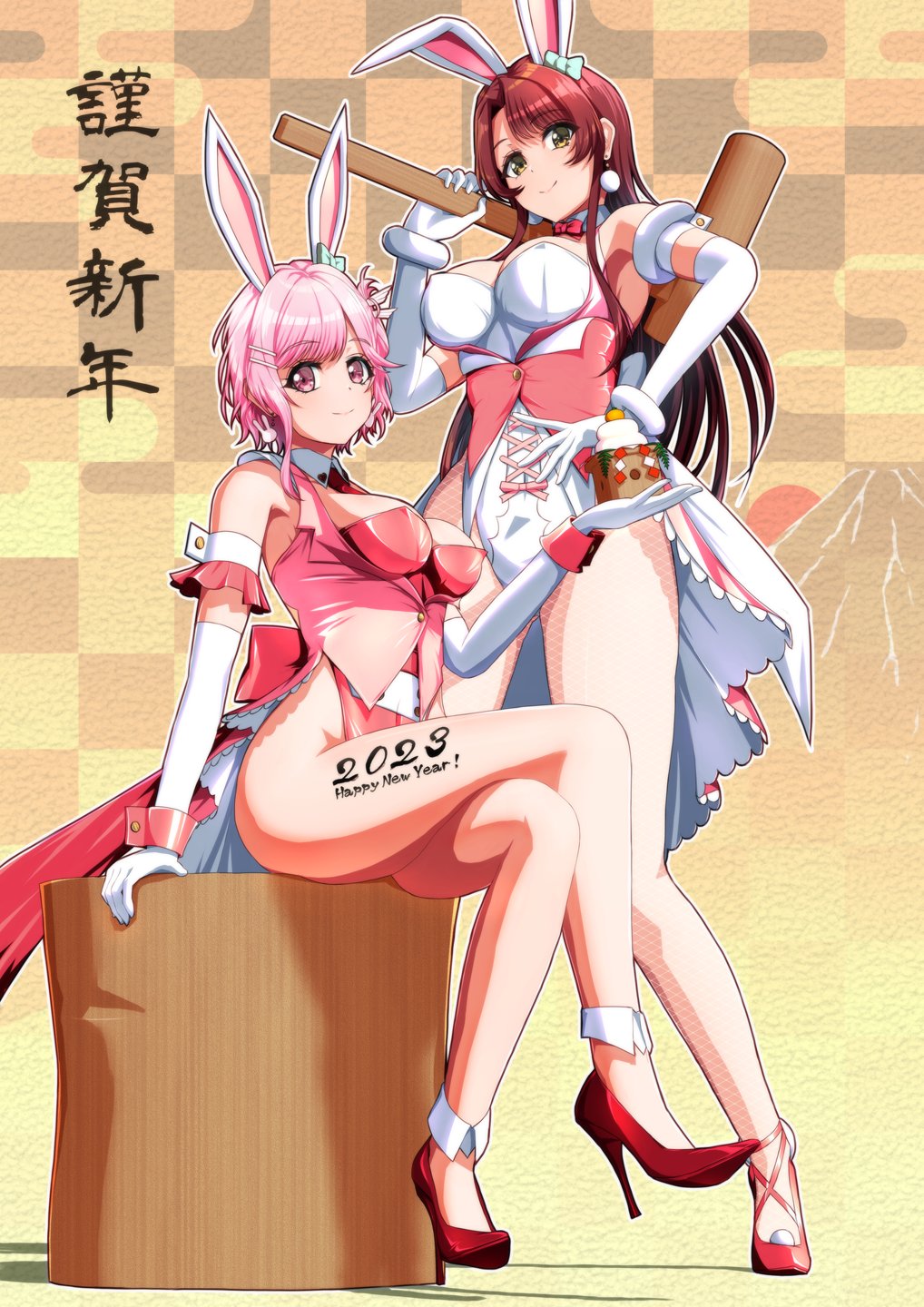 2023 2girls big_breasts body_writing bunny_ears bunny_girl bunny_tail bunnysuit cake crossed_legs d4dj fishnets high_heels hiraken japanese_text kasuga_haruna mallet new_year sakurada_miyu text