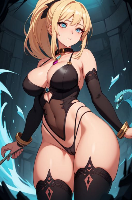 ai_generated black_clothing blonde_hair cleavage collar ponytail sleeves thighhighs thong