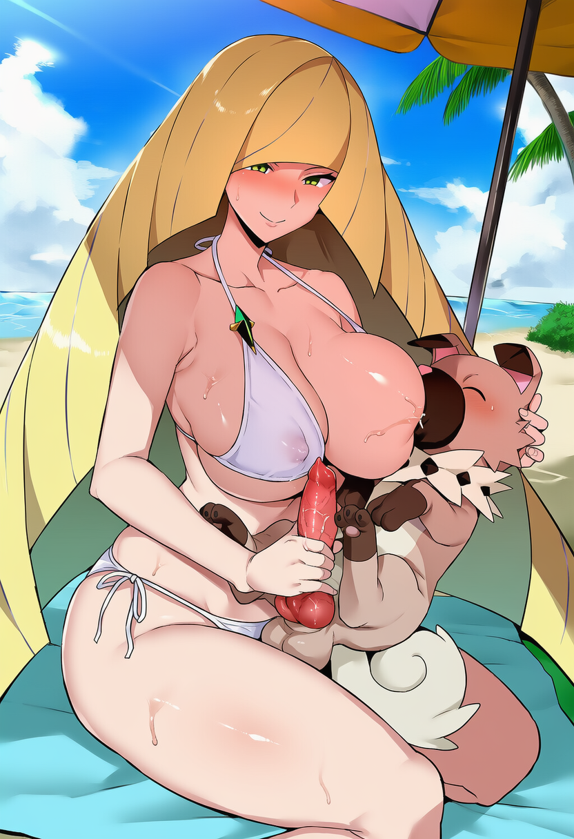 ai generated, ass, beach, beach background, beach sex, beach towel, beach umbrella, big ass, big breasts, big butt, big penis, bikini, bikini aside, bikini bottom, bikini top, blush, breast sucking, bubble ass, bubble butt, canine, canine penis, dog cock, dog penis, domestic dog, female on feral, feral on female, fes3, genitalia, handjob, holding penis, large ass, large breasts, large penis, larger female, lusamine (pokemon), male pokemon/female human, nursing, nursing handjob, pokemon, pokemon (species), pokemon sm, pokephilia, rockruff, seductive eyes, seductive look, seductive smile, sex, shiny hair, shiny skin, size difference, small but hung, small dom big sub, smaller male, thick ass, thick thighs, thighs, uncensored, white bikini, white bikini bottom, white bikini only, white bikini top, zoophilia