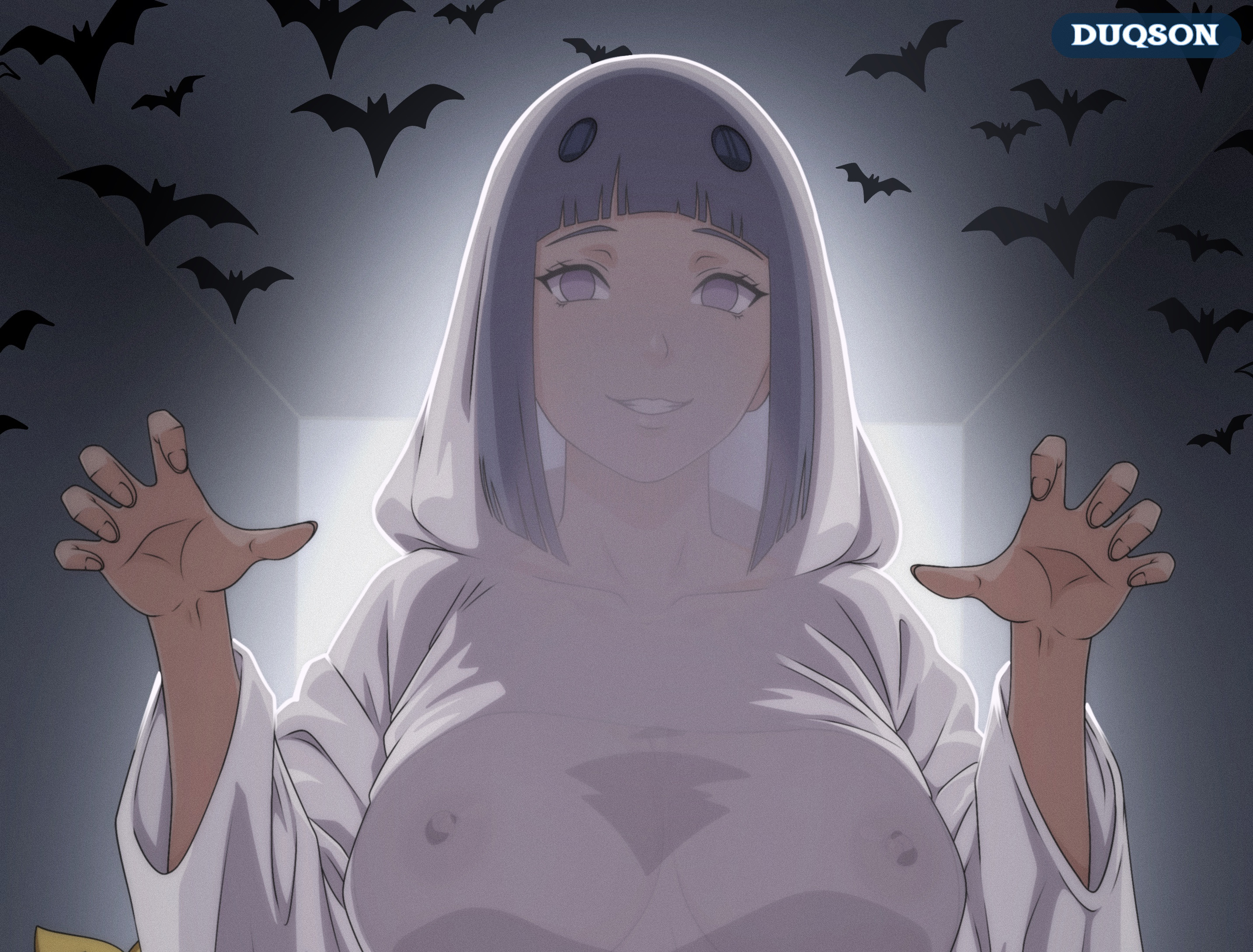 1boy, 1girls, boruto: naruto next generations, breasts, clothing, duqson, erect nipples, erect nipples under clothes, female, halloween, hyuuga hinata, large breasts, male, medium breasts, naruto, naruto (series), nipples, nude, see-through, see-through clothing, uzumaki boruto, uzumaki hinata