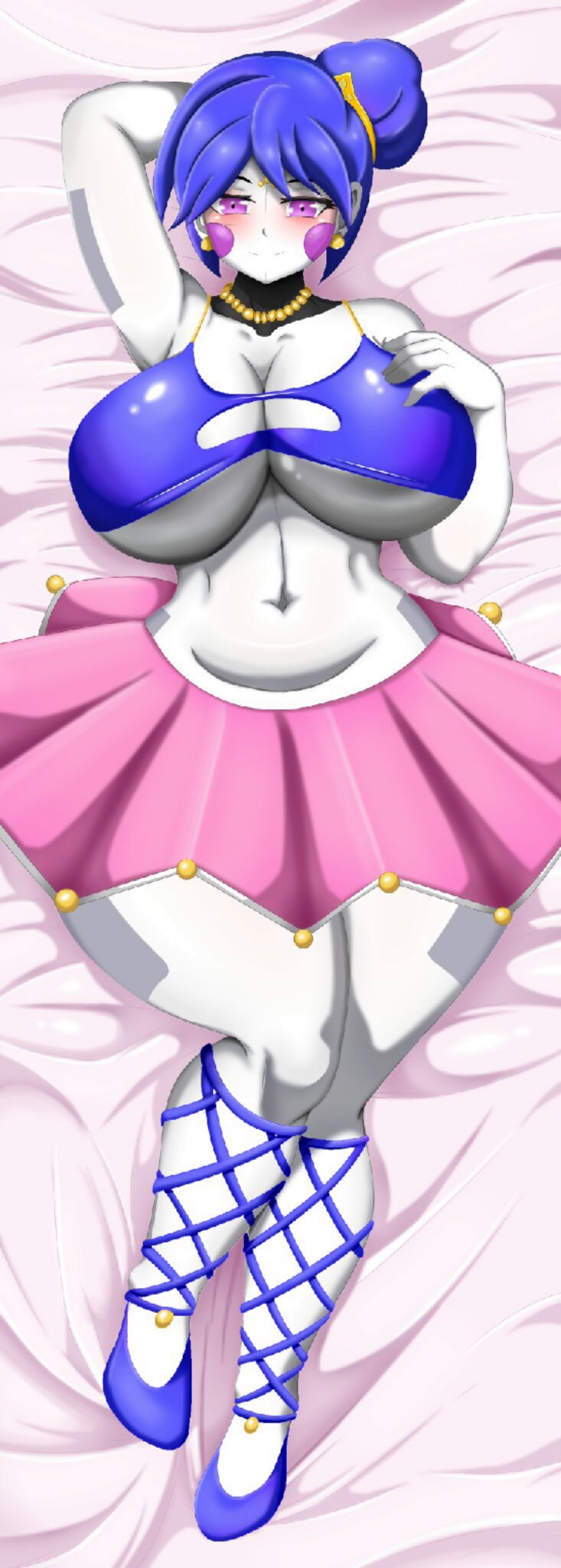 ballora ballora_(fnafsl) ballora_(fnia) big_breasts bladgf blue_hair blue_shoes blush blush blushing_at_viewer body_pillow clothed five_nights_at_freddy's five_nights_at_freddy's:_sister_location five_nights_in_anime giant_breasts looking_at_viewer pink_dress purple_cheeks purple_eyes red_blush smiling smiling_at_viewer solo tagme thick_thighs yellow_earrings yellow_necklace