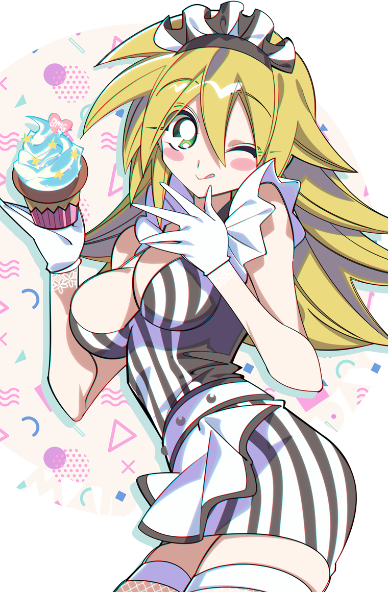 ;p alternate_costume blonde_hair blush_stickers breasts cleavage cupcake dark_magician_girl dress duel_monster female food gloves green_eyes headdress looking_at_viewer medium_breasts misaka_(missa) one_eye_closed simple_background sleeveless smile solo striped_clothes striped_dress thighhighs tongue tongue_out waitress white_background yu-gi-oh!