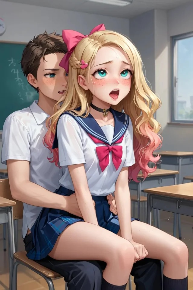 1boy actualtrashhuman ai ai_generated blonde_hair blonde_to_pink_hair bow choker classroom clothed_sex female french_braid gradient_hair implied_penetration implied_sex long_hair miniskirt ombre_hair original_character plaid_skirt pleasure_face pleated_skirt public_sex sailor_collar school_uniform skirt stealth_sex straight wavy_hair